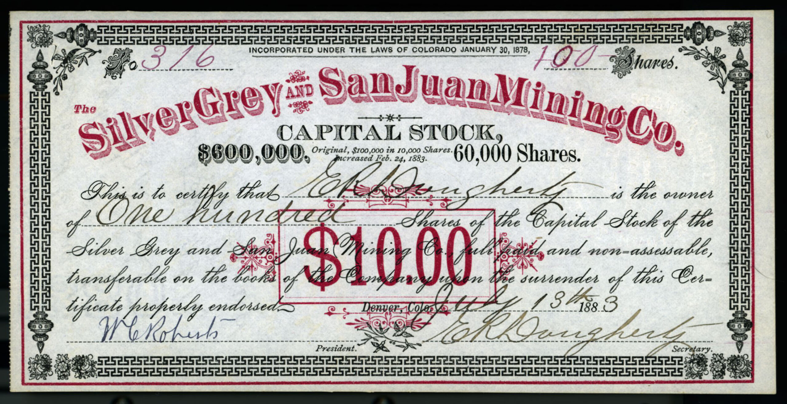 SILVER GREY & SAN JUAN MINING COMPANY Ouray Colorado stock certificate 1883