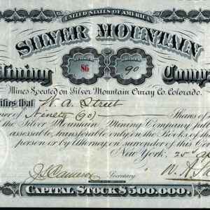SILVER MOUNTAIN MINING COMPANY Ouray Colorado mining stock certificate 1883