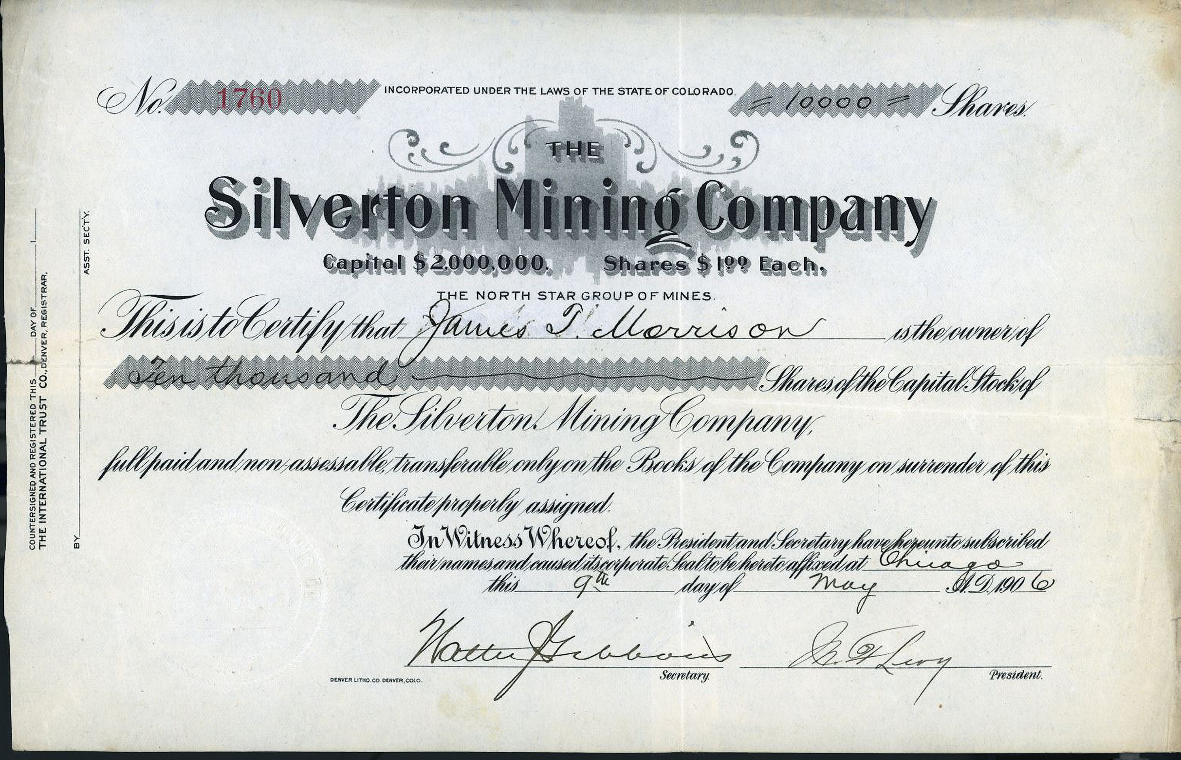 SILVERTON MINING COMPANY San Juan County Colorado mining stock certificate 1906