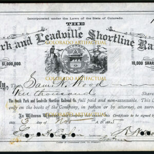 SOUTH PARK & LEADVILLE SHORTLINE RAILROAD COMPANY, #1 railroad stock certificate, Park County, Colorado, 1885