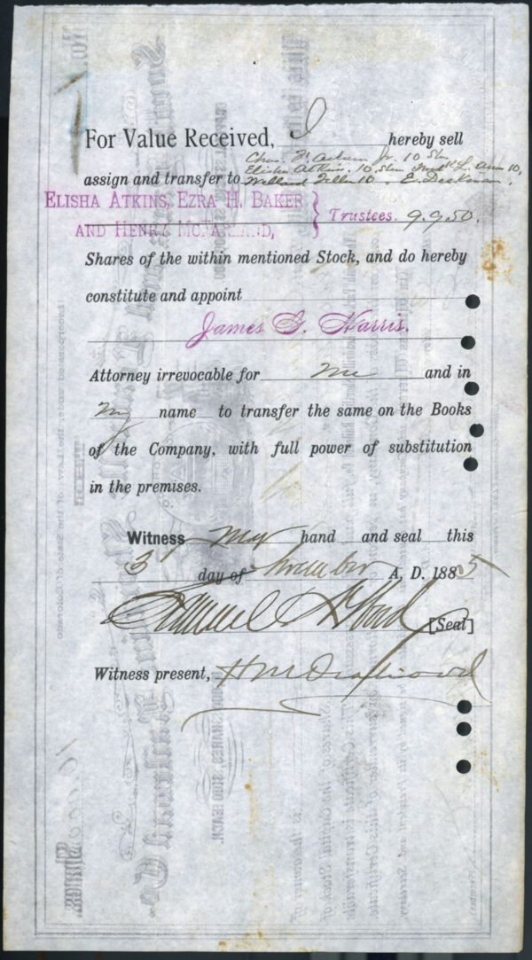 SOUTH PARK & LEADVILLE SHORTLINE RAILROAD COMPANY, #1 railroad stock certificate, Park County, Colorado, 1885