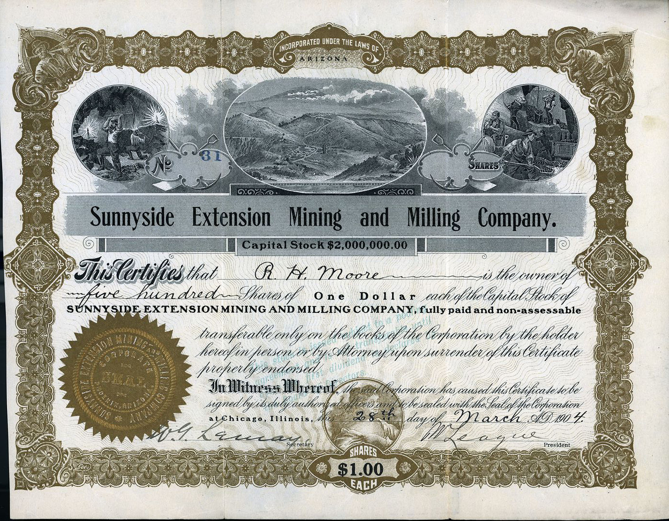 SUNNYSIDE EXTENSION MINING & MILLING COMPANY San Juan County Colorado mining stock certificate 1904