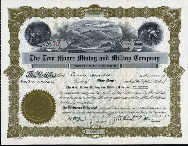 Tom Moore Mining & Milling Company San Juan County Colorado mining stock certificate 1925