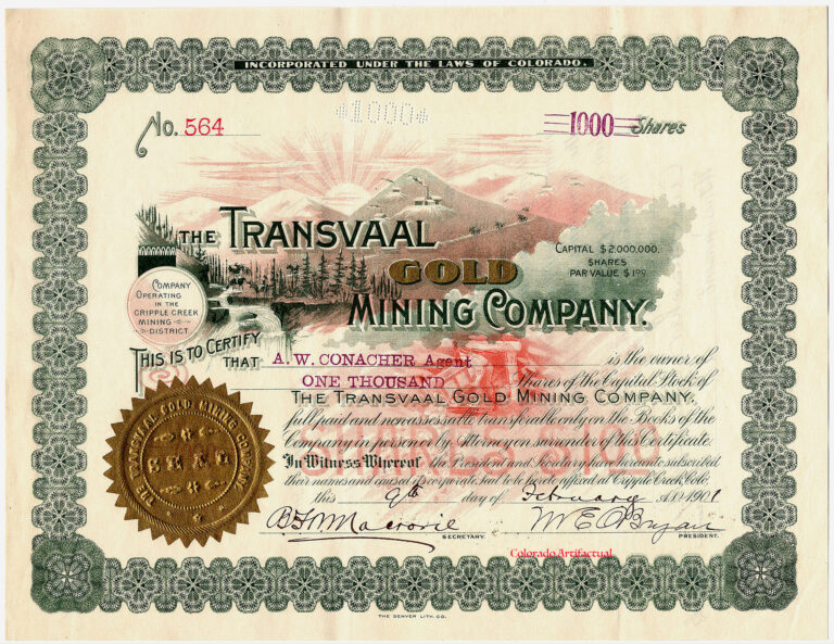 Transvaal Gold Mining Company of Cripple Creek, Colorado signed by Mollie E. O'Bryan as president, 1901