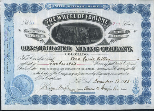 WHEEL OF FORTUNE CONSOLIDATED MINING CO. STOCK CERTIFICATE, SNEFFELS DISTRICT, OURAY COLORADO 1882