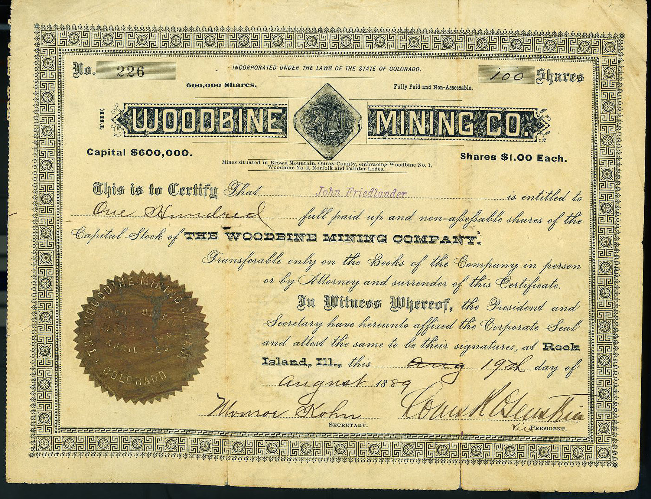 WOODBINE MINING COMPANY Ouray County Colorado mining stock certificate 1889