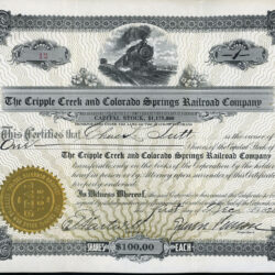 CRIPPLE CREEK and COLORADO SPRINGS RAILROAD COMPANY stock certificate 1925 signed by SPENCER PENROSE