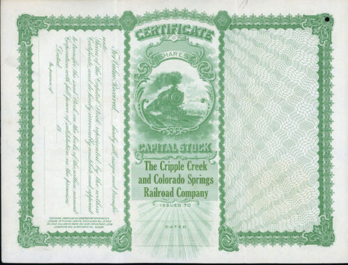 CRIPPLE CREEK and COLORADO SPRINGS RAILROAD COMPANY stock certificate 1925 signed by SPENCER PENROSE