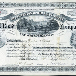 THE SILVERTON, OPHIR & SAN MIGUEL TOLL-ROAD COMPANY Colorado stock certificate #84 issued 1884