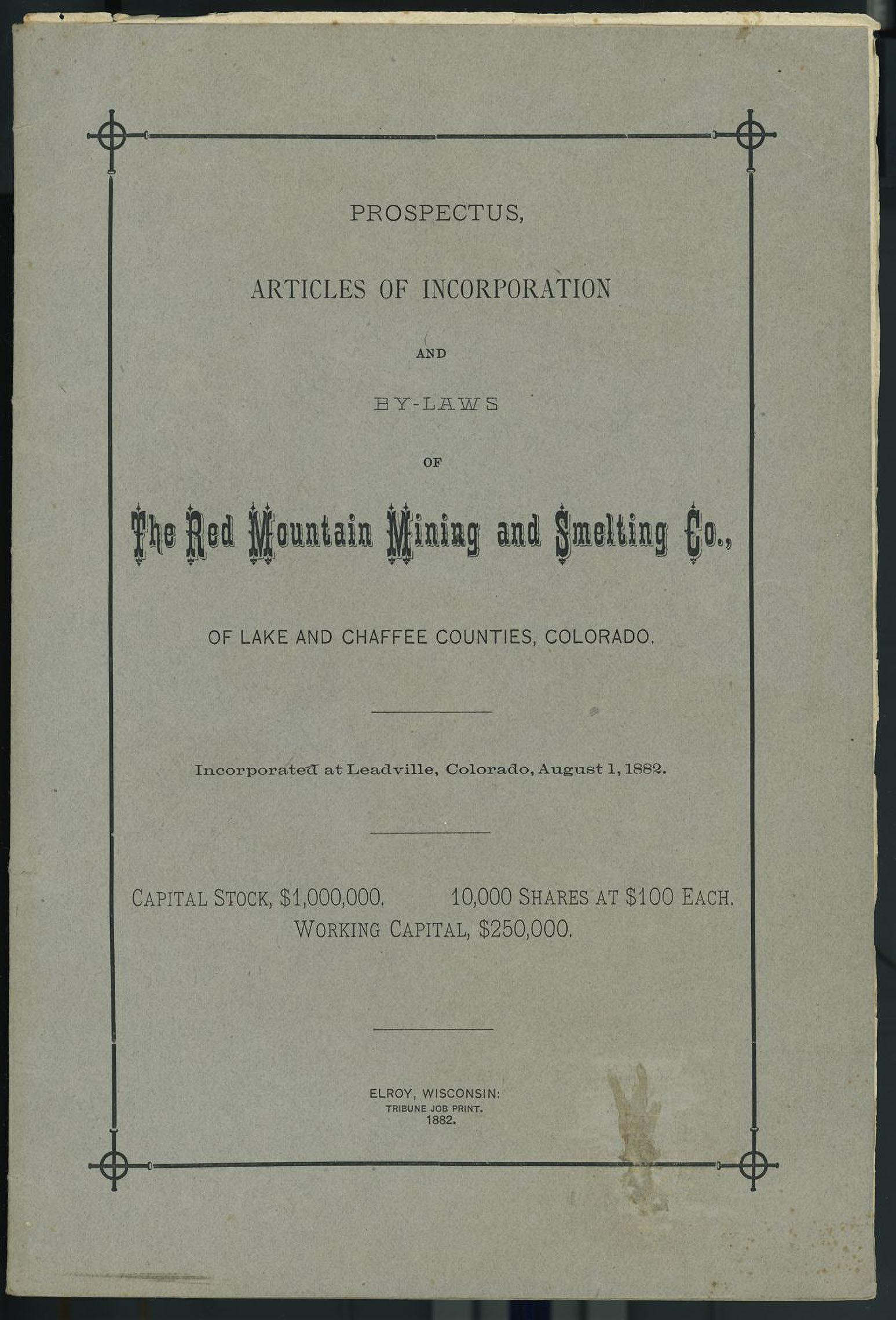 RED MOUNTAIN MINING & SMELTING COMPANY COLORADO PROSPECTUS 1882