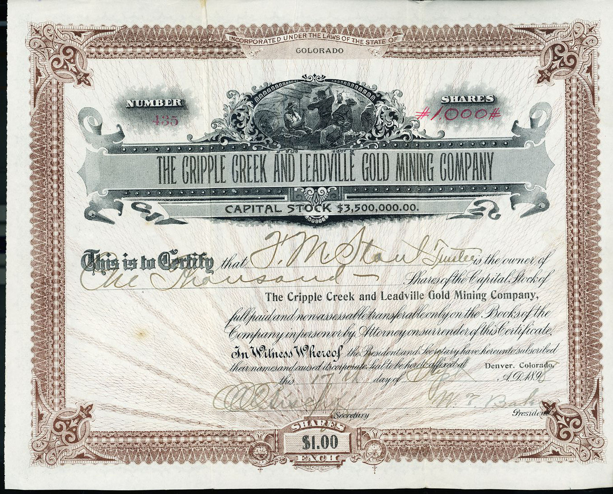 CRIPPLE CREEK & LEADVILLE GOLD MINING COMPANY stock certificate & prospectus COLORADO 1898