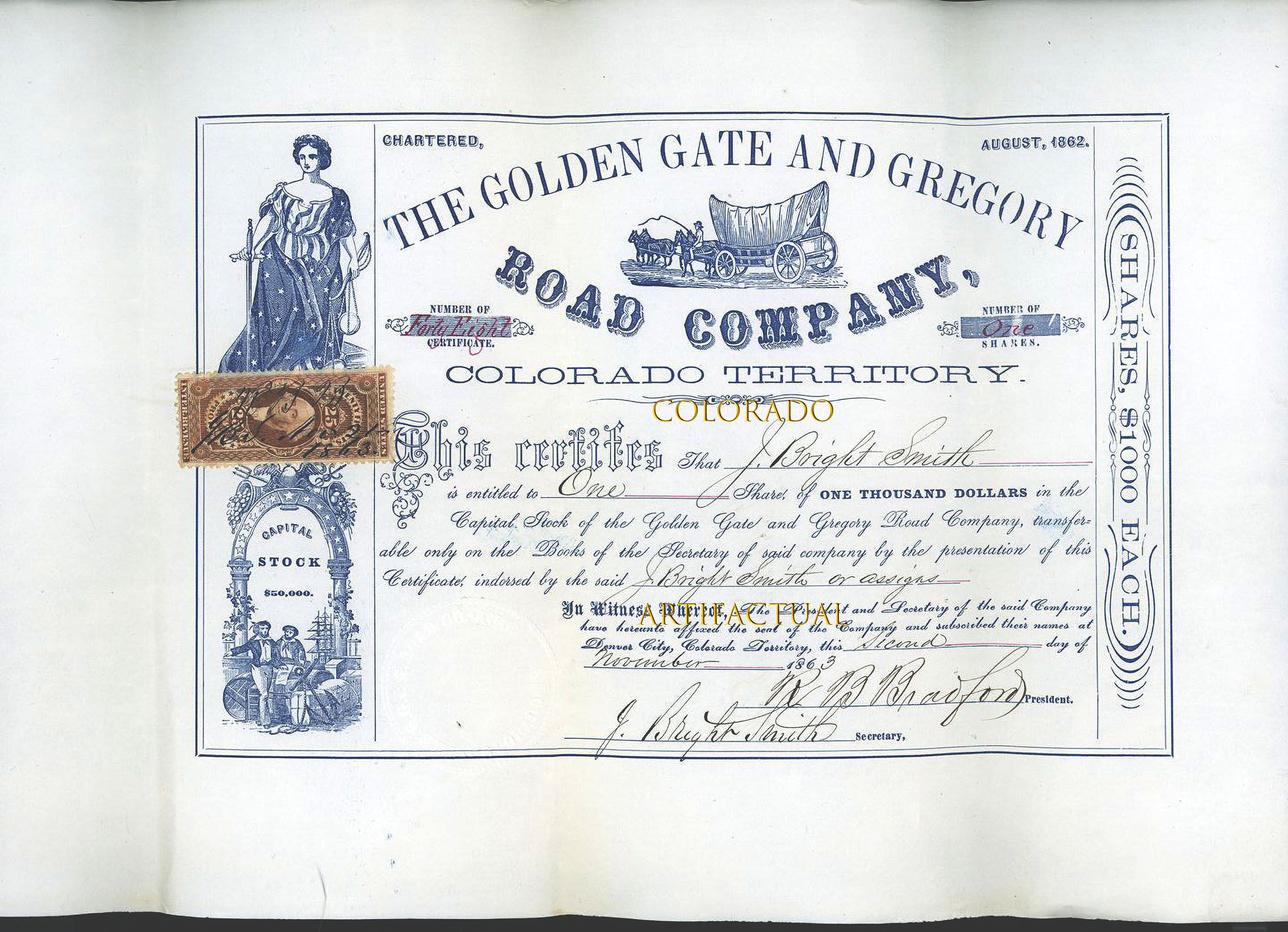GOLDEN GATE & GREGORY ROAD COMPANY Colorado Territory toll road stock certificate 1863