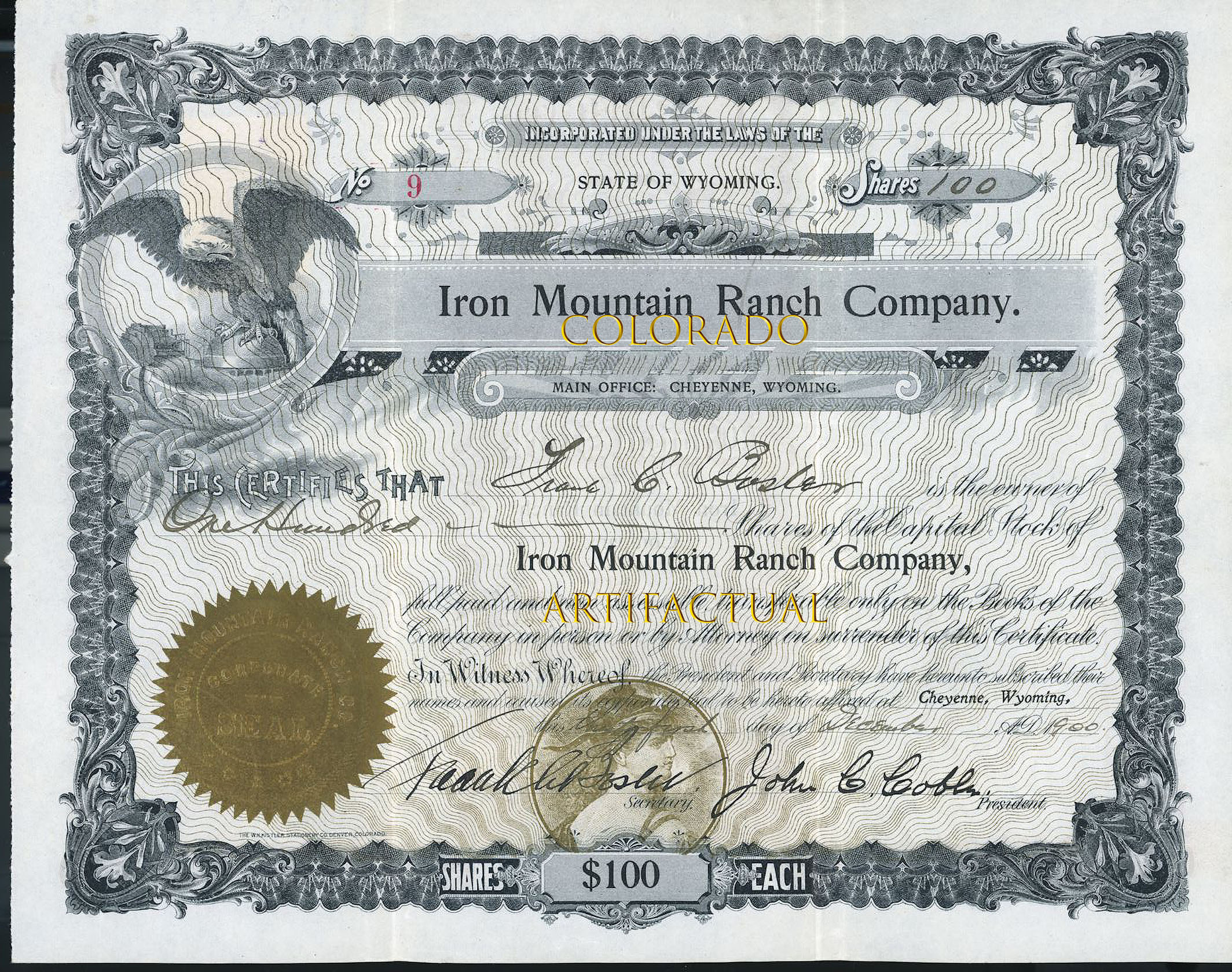 Iron Mountain Ranch Company stock certificate Tom Horn Wyoming cattle history 1900