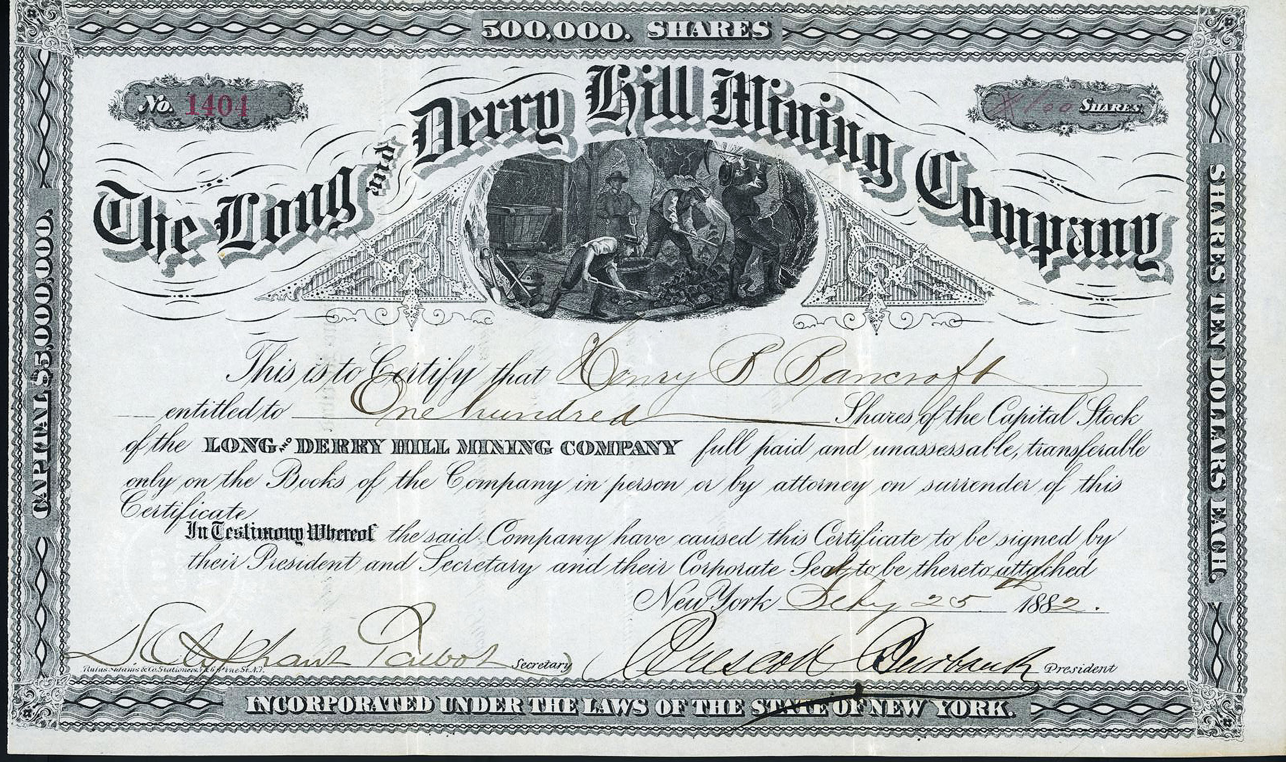 LONG & DERRY HILL MINING COMPANY stock certificate & prospectus Leadville Colorado 1882