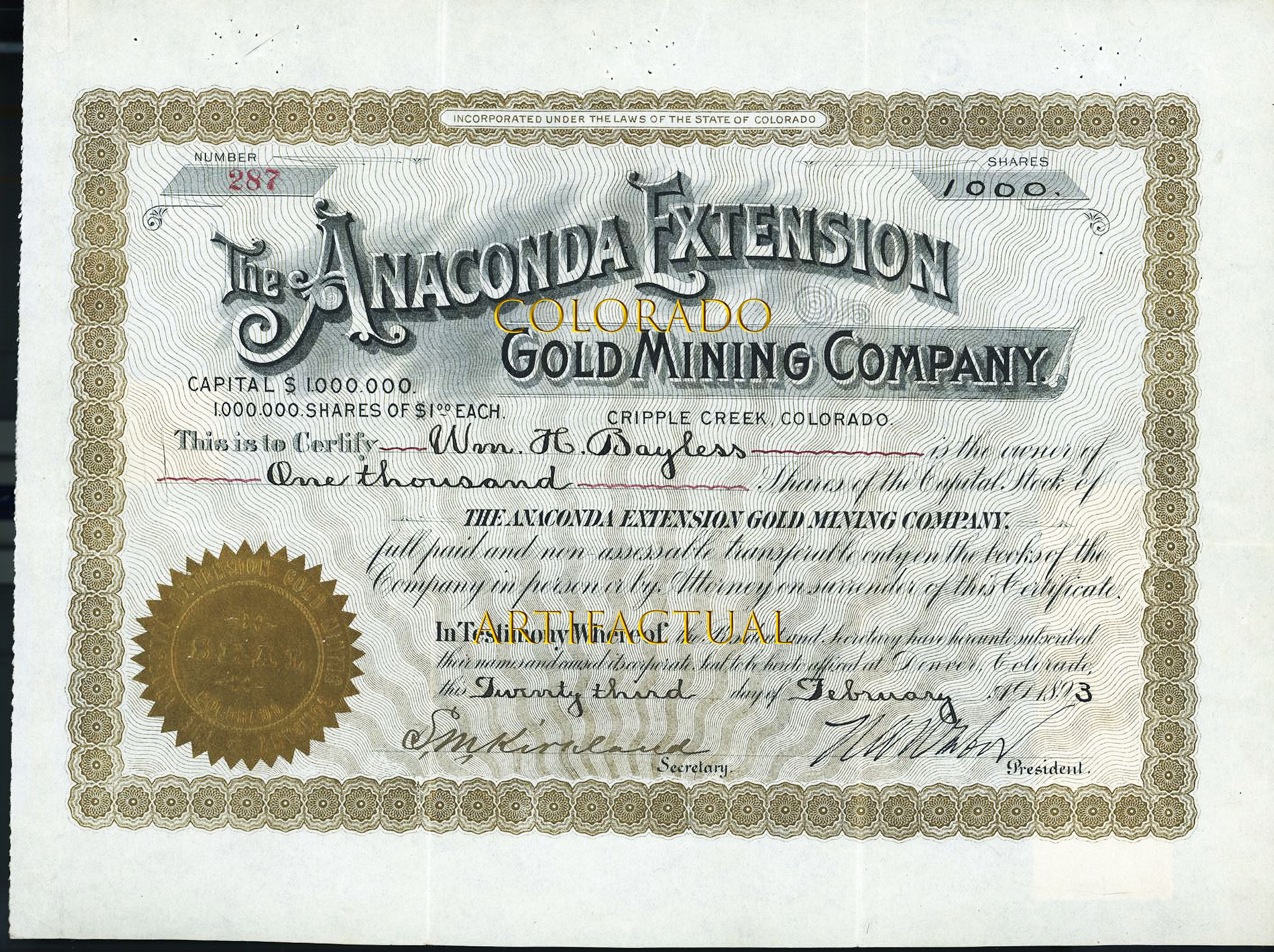 THE ANACONDA EXTENSION GOLD MINING COMPANY stock certificate Cripple Creek Colorado issued 1893 signed Horace A. W. Tabor