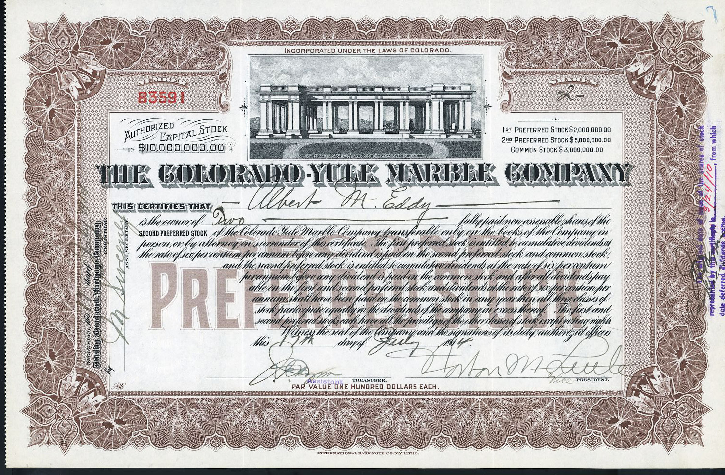 THE COLORADO – YULE MARBLE COMPANY stock certificate Marble Gunnison County Colorado July 1914