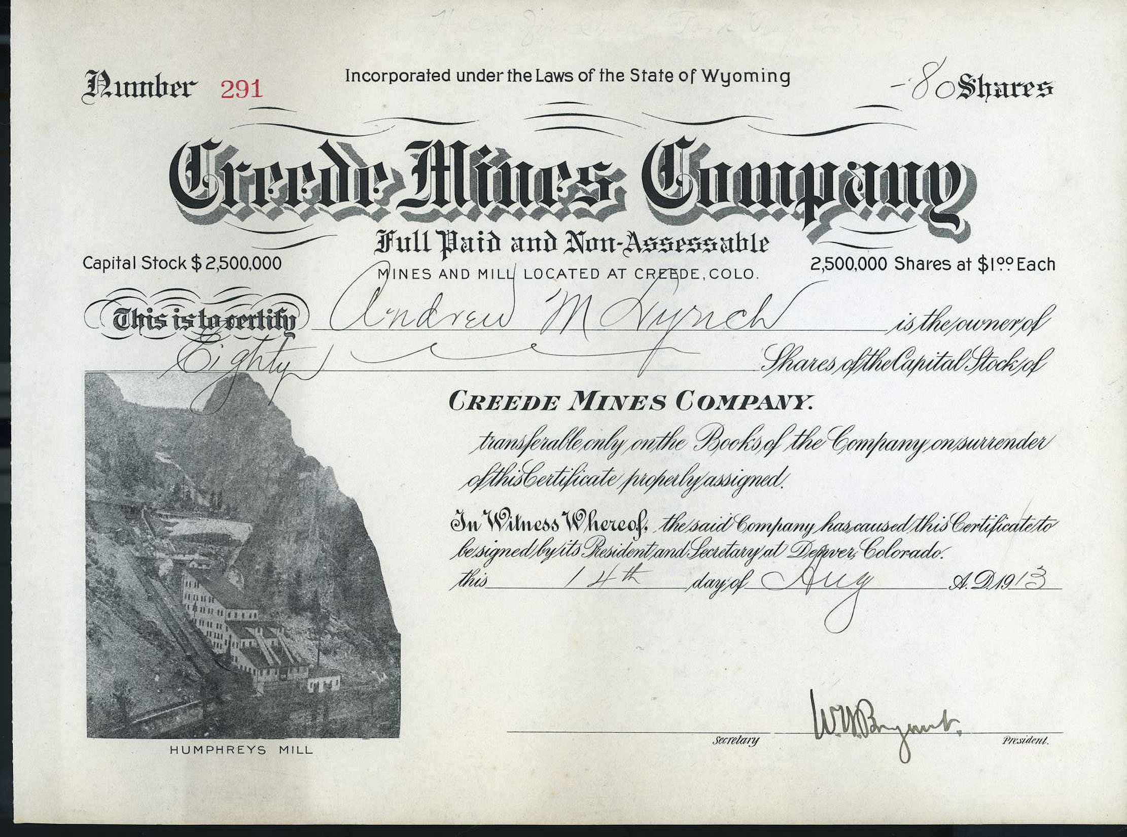 Creede Colorado mining stock certificate 1913