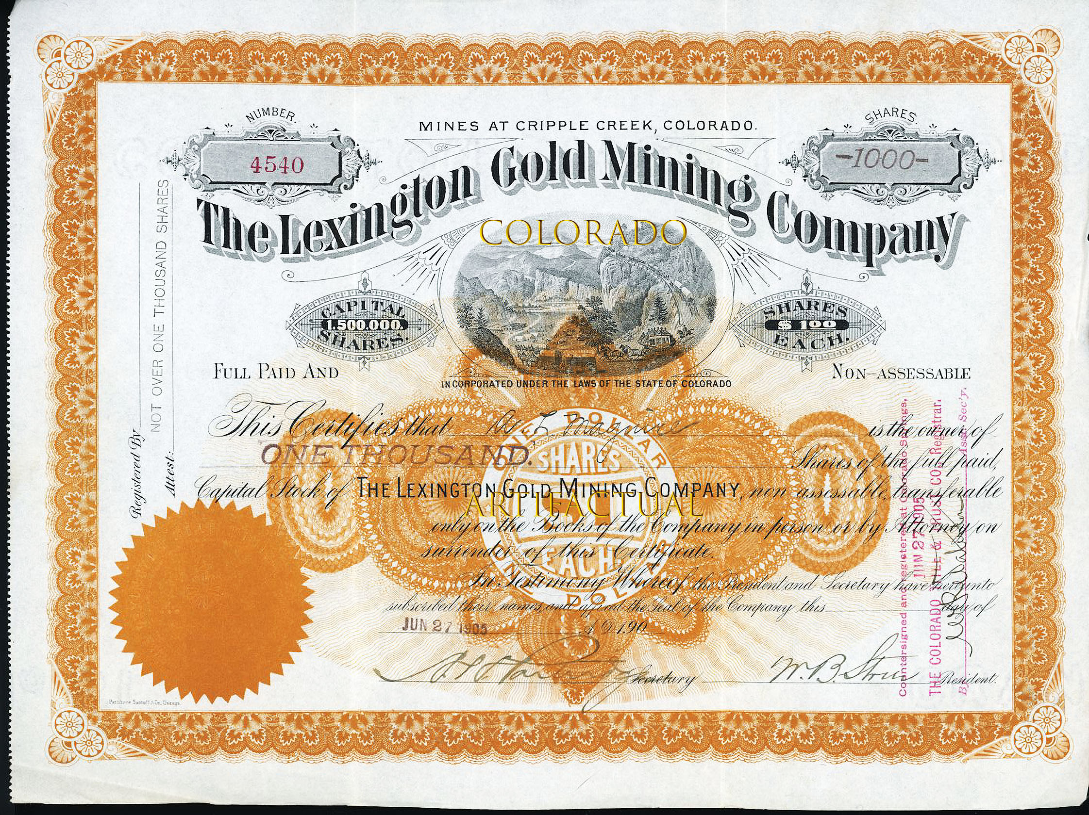 Cripple Creek Colorado stock certificate Lexington Gold Mining Company 1905