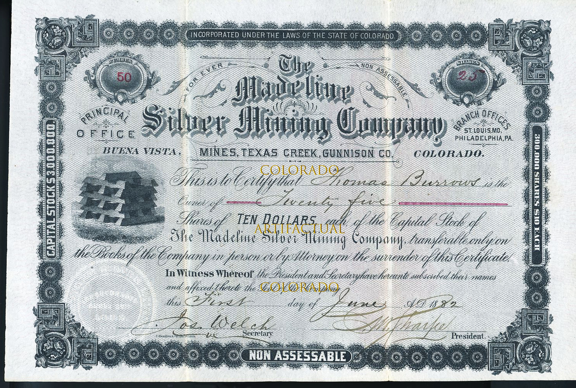 MADELINE SILVER MINING COMPANY stock certificate Gunnison County Colorado 1882