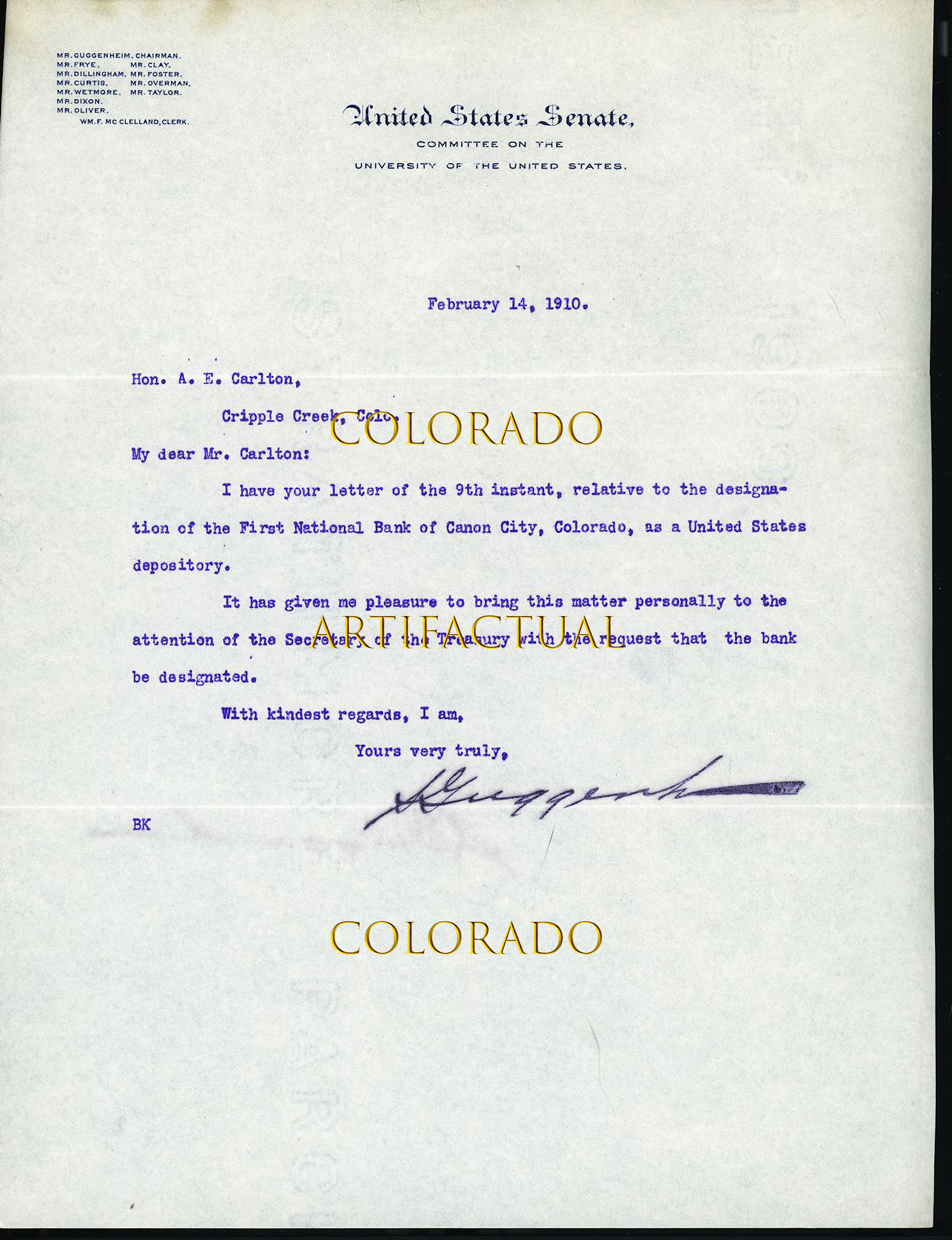 COLORADO SENATOR SIMON GUGGENHEIM signed letter 1910