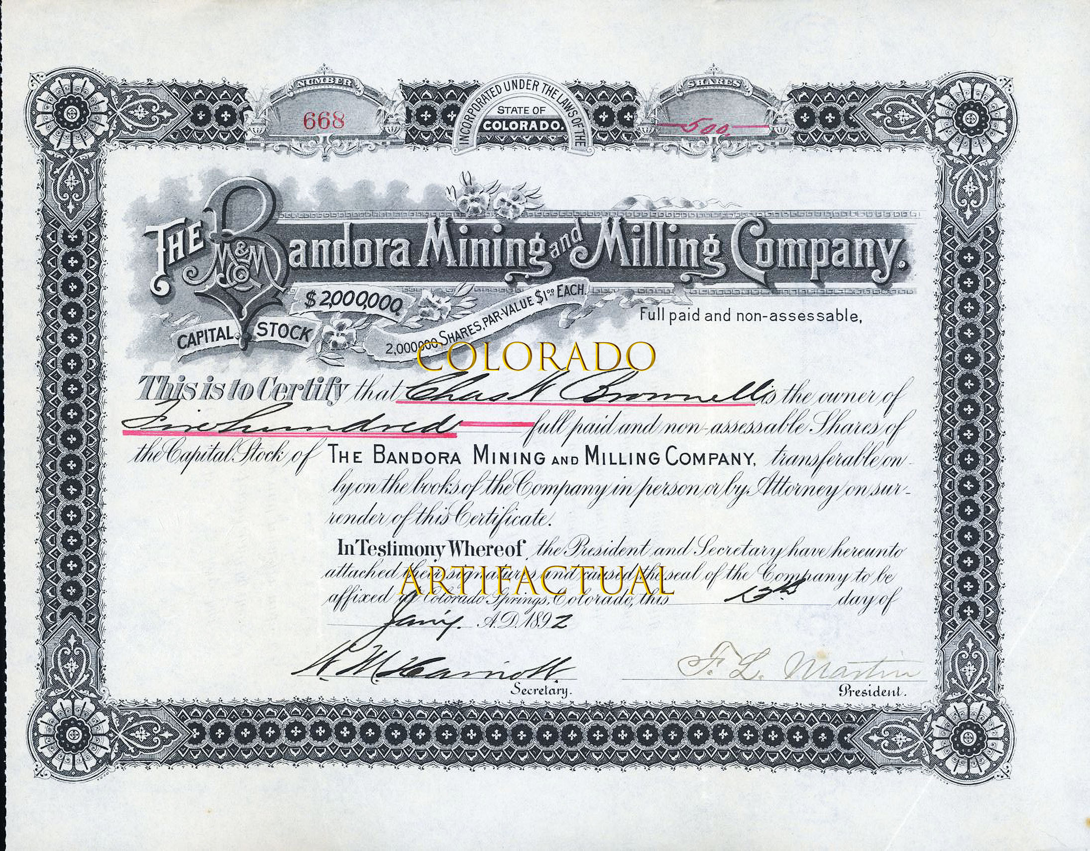 Bandora Mining & Milling Company stock certificate Gladstone Silverton Mining region San Juan County Colorado 1892