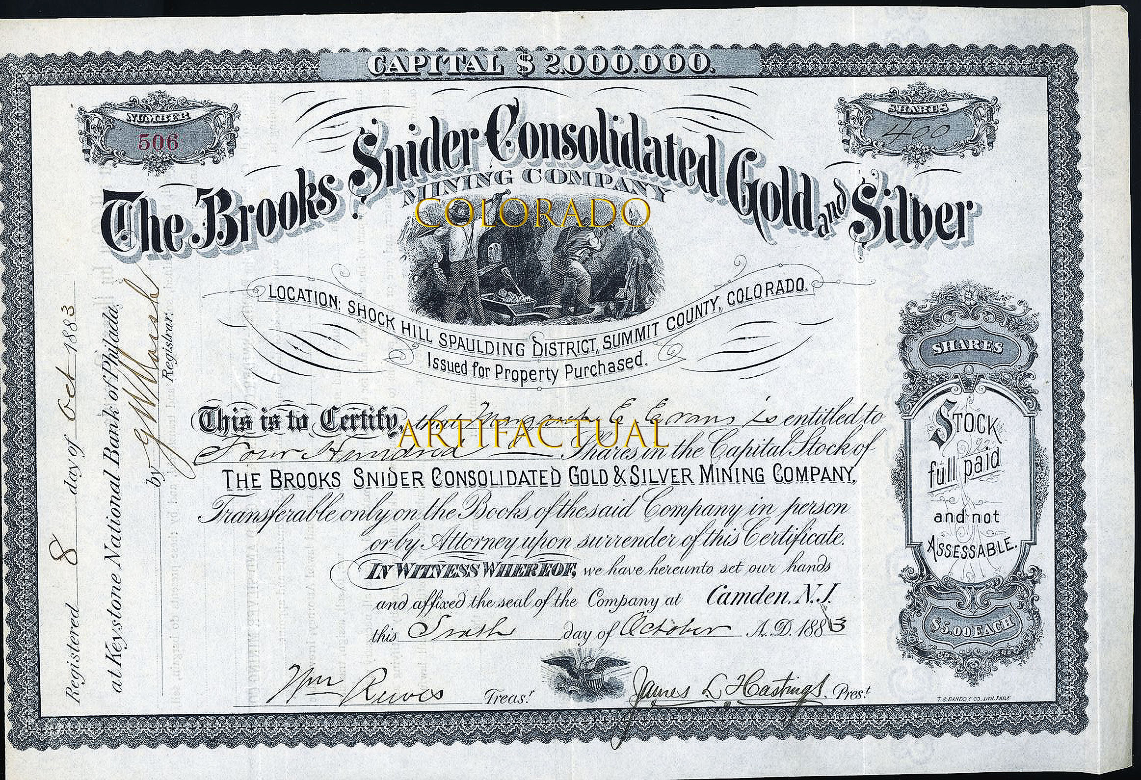 Brooks Snider Consolidated Gold & Silver Mining Company stock certificate Summit County Colorado 1883