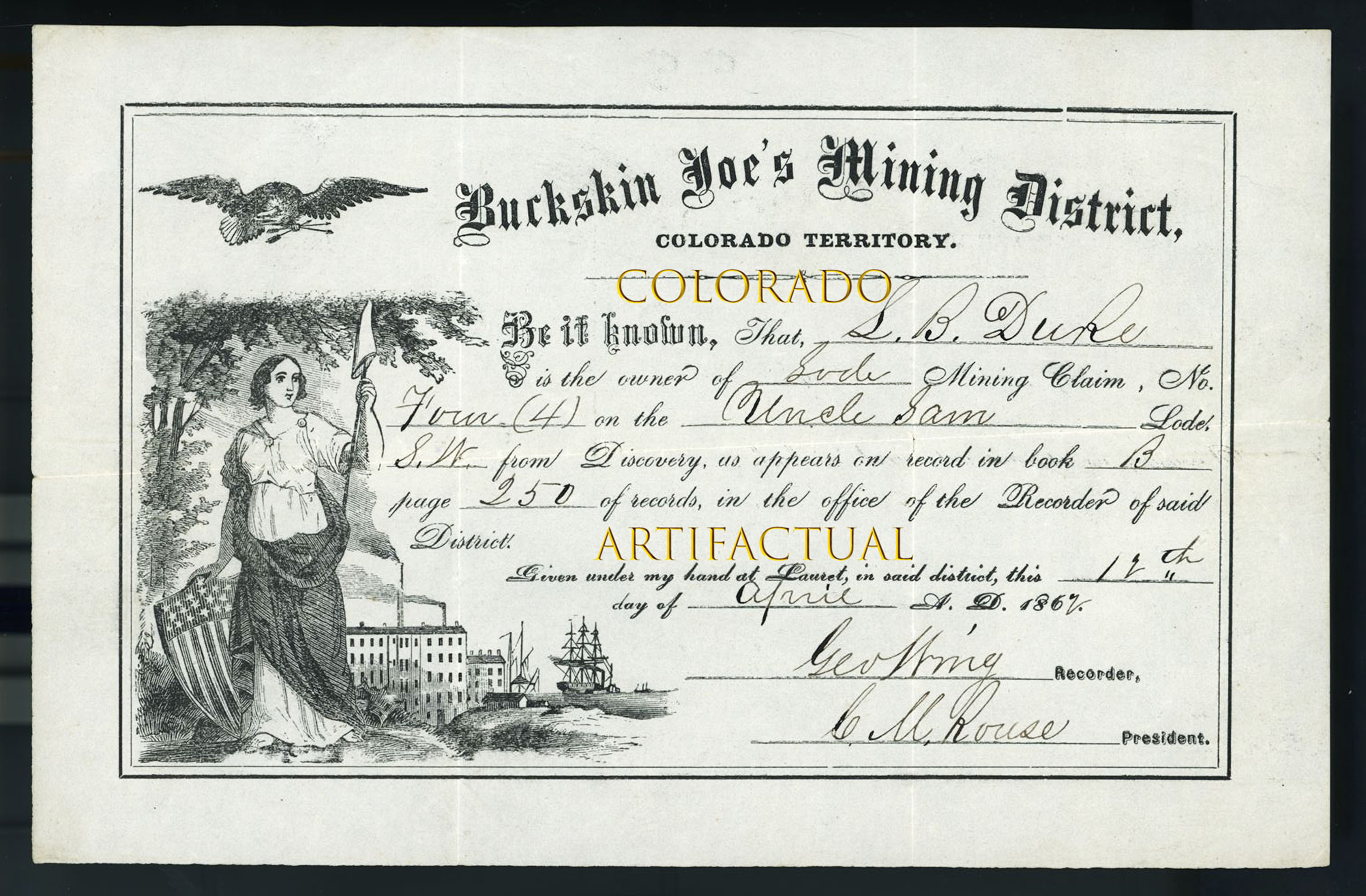 BUCKSKIN JOE’S MINING DISTRICT Park County Colorado Territory Uncle Sam Lode Certificate 1862