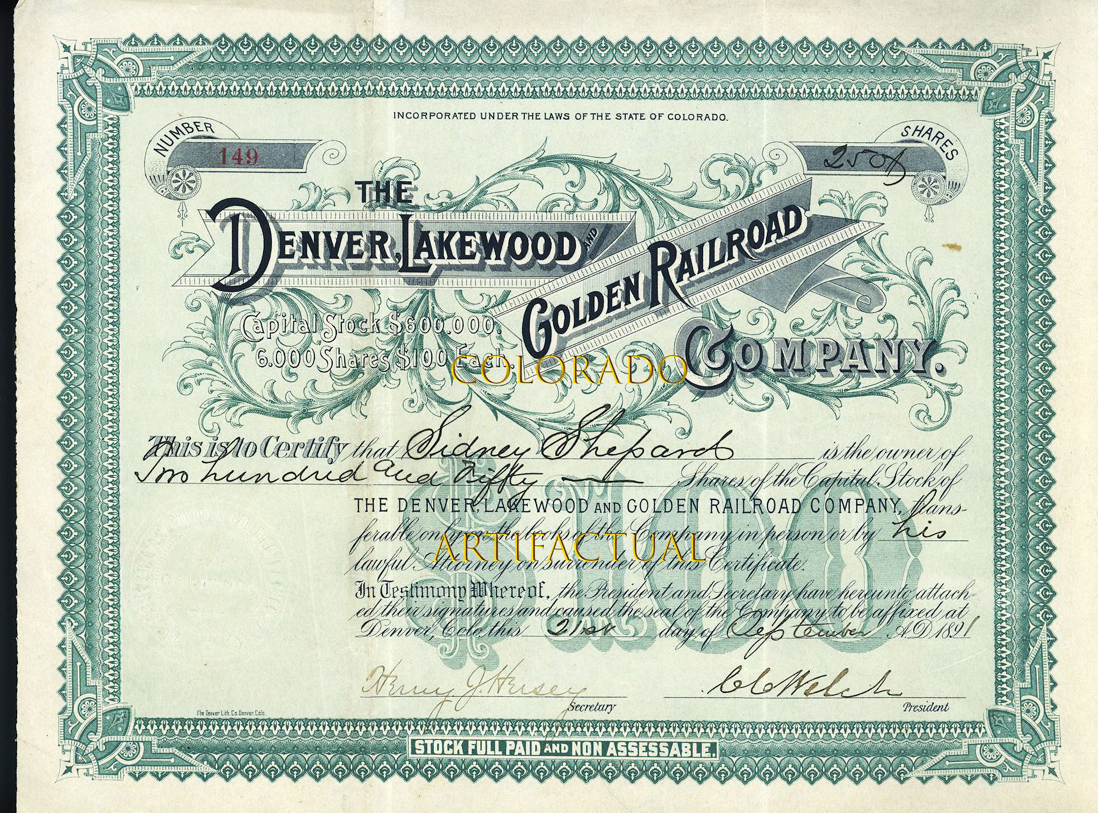 DENVER LAKEWOOD & GOLDEN RAILROAD antique Colorado stock certificate 1891