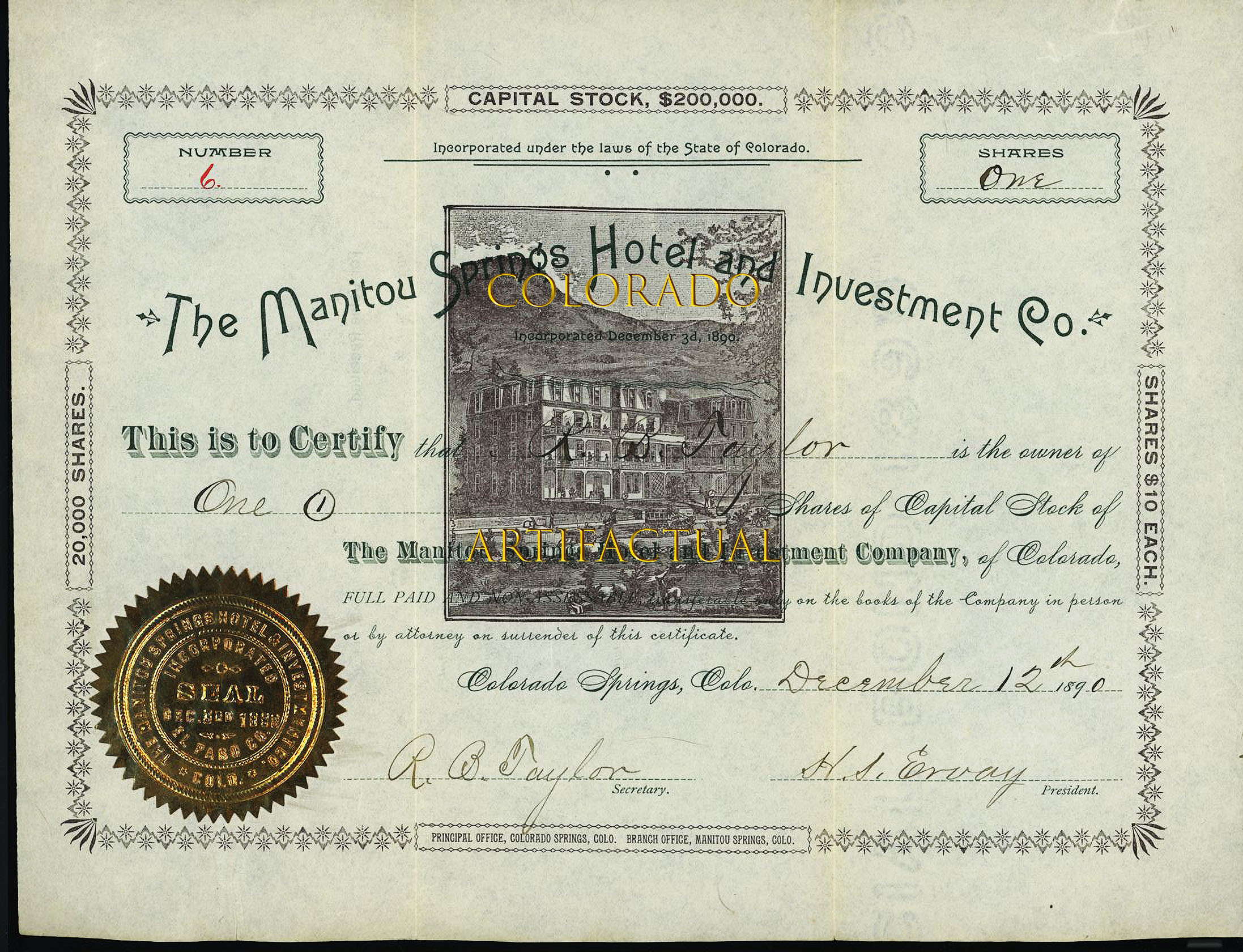 Manitou Springs Hotel & Investment Co Colorado stock certificate Ruxton 1890