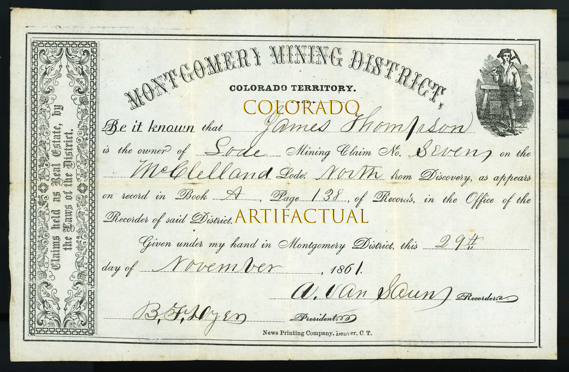 Montgomery Mining District Park County Colorado Territory McClelland Lode Certificate 1861