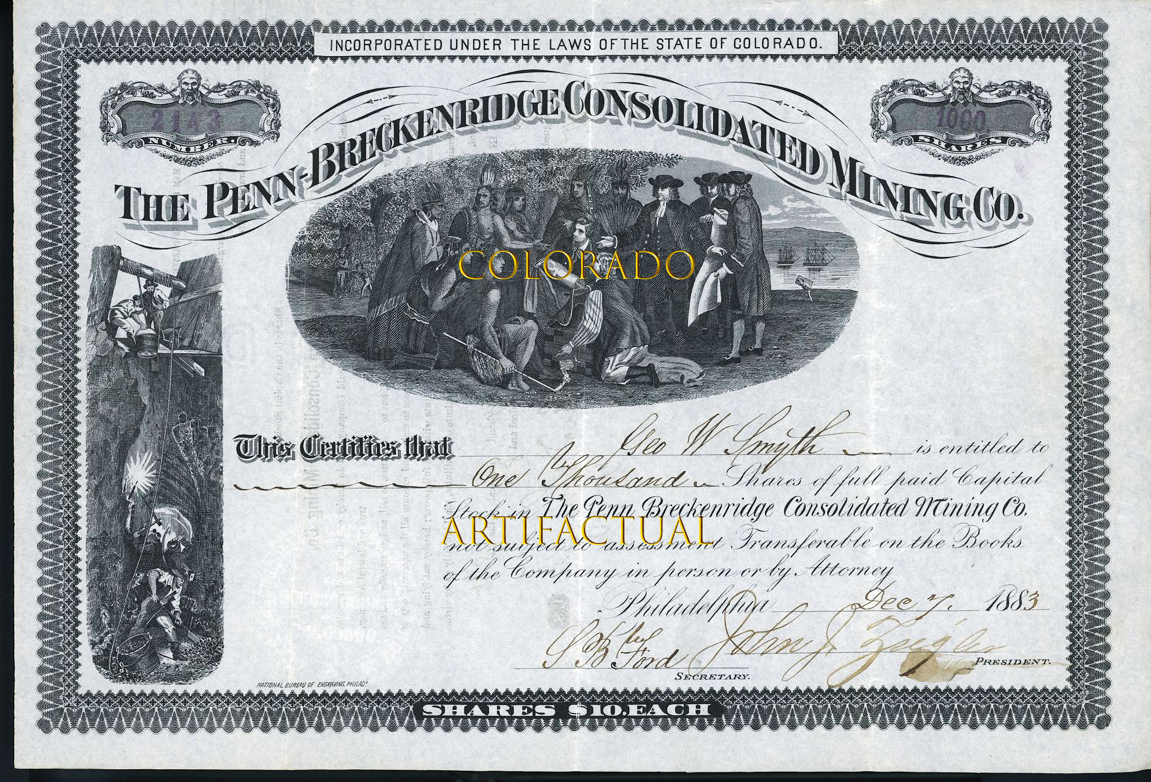 PENN-BRECKENRIDGE CONSOLIDATED MINING COMPANY Summit County Colorado stock certificate 1883