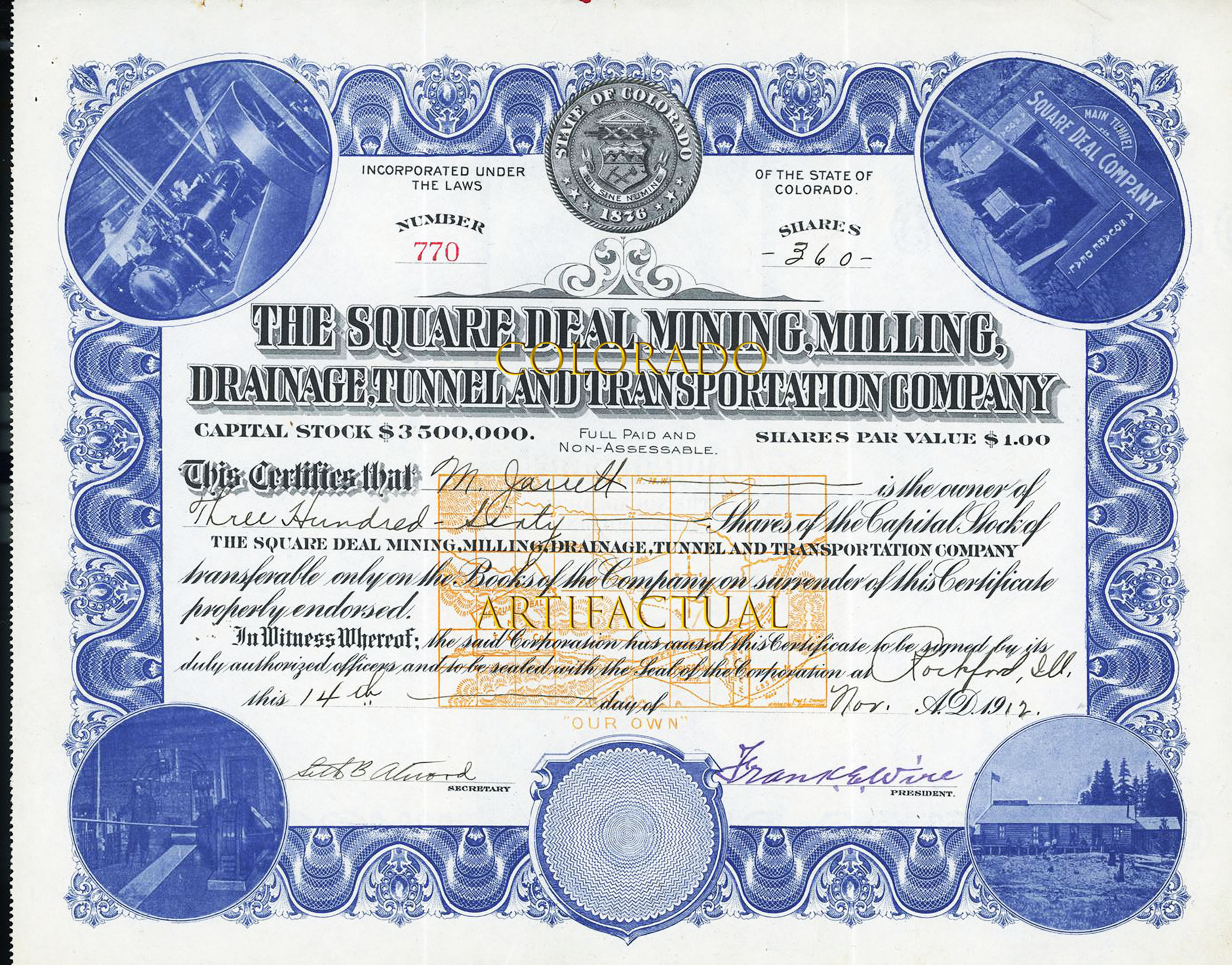 Square Deal Mining Milling Drainage Tunnel & Transportation Company Summit County Colorado stock certificate 1912