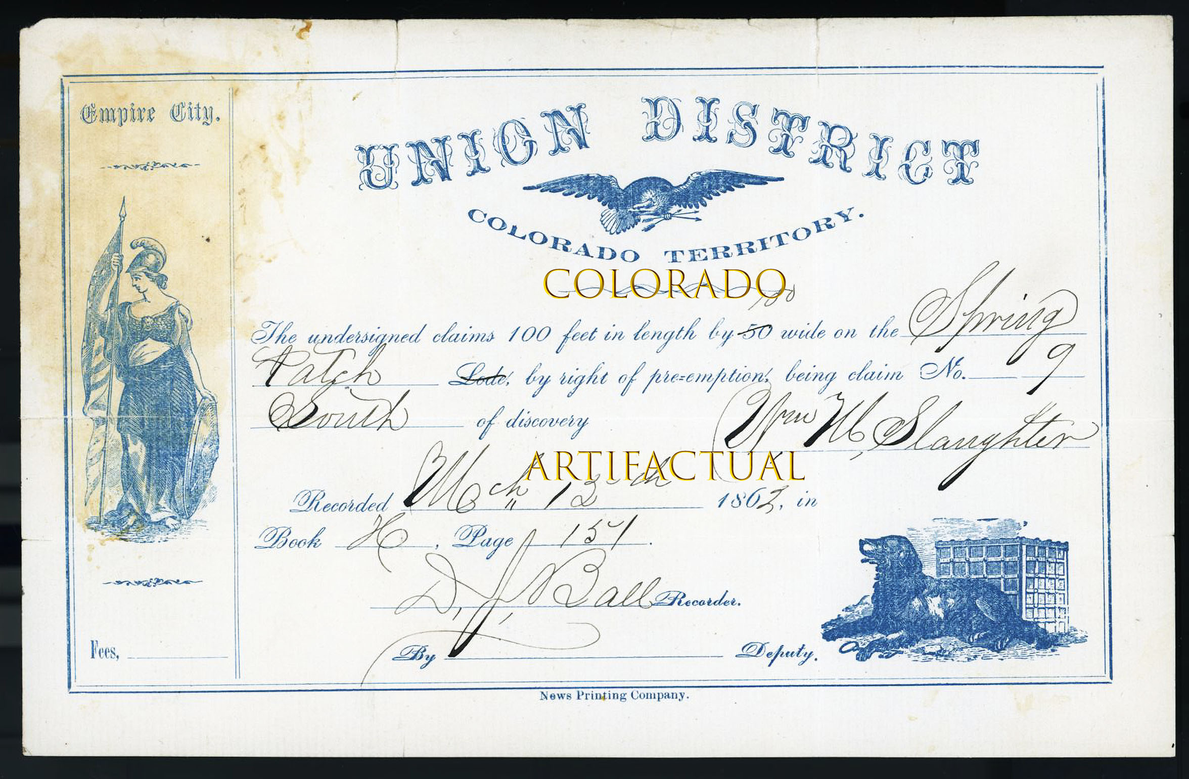 EMPIRE CITY UNION MINING DISTRICT COLORADO TERRITORY  Spring Patch Claim certificate 1862