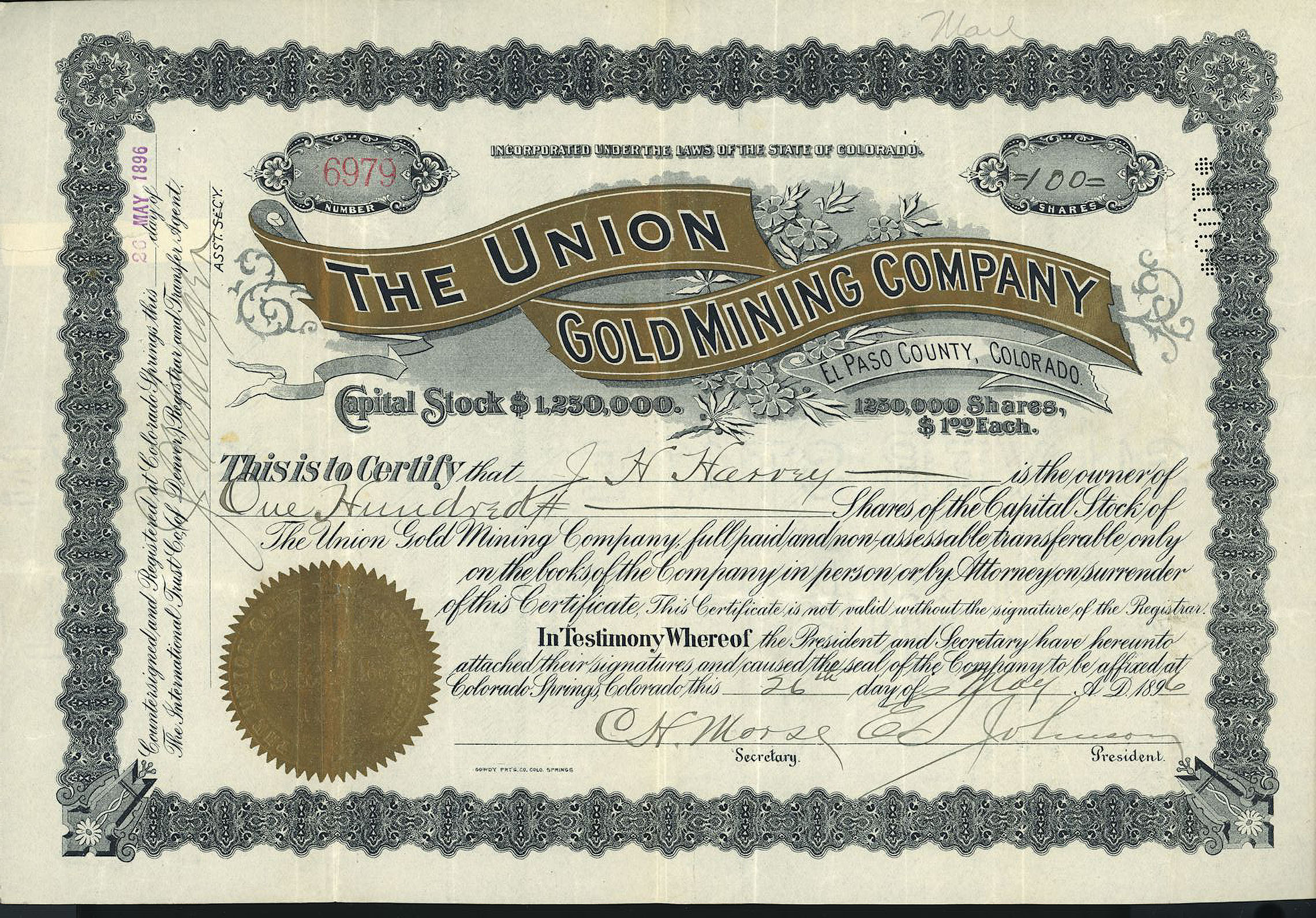 Cripple Creek Colorado antique mining stock certificate UNION GOLD MINING COMPANY 1896