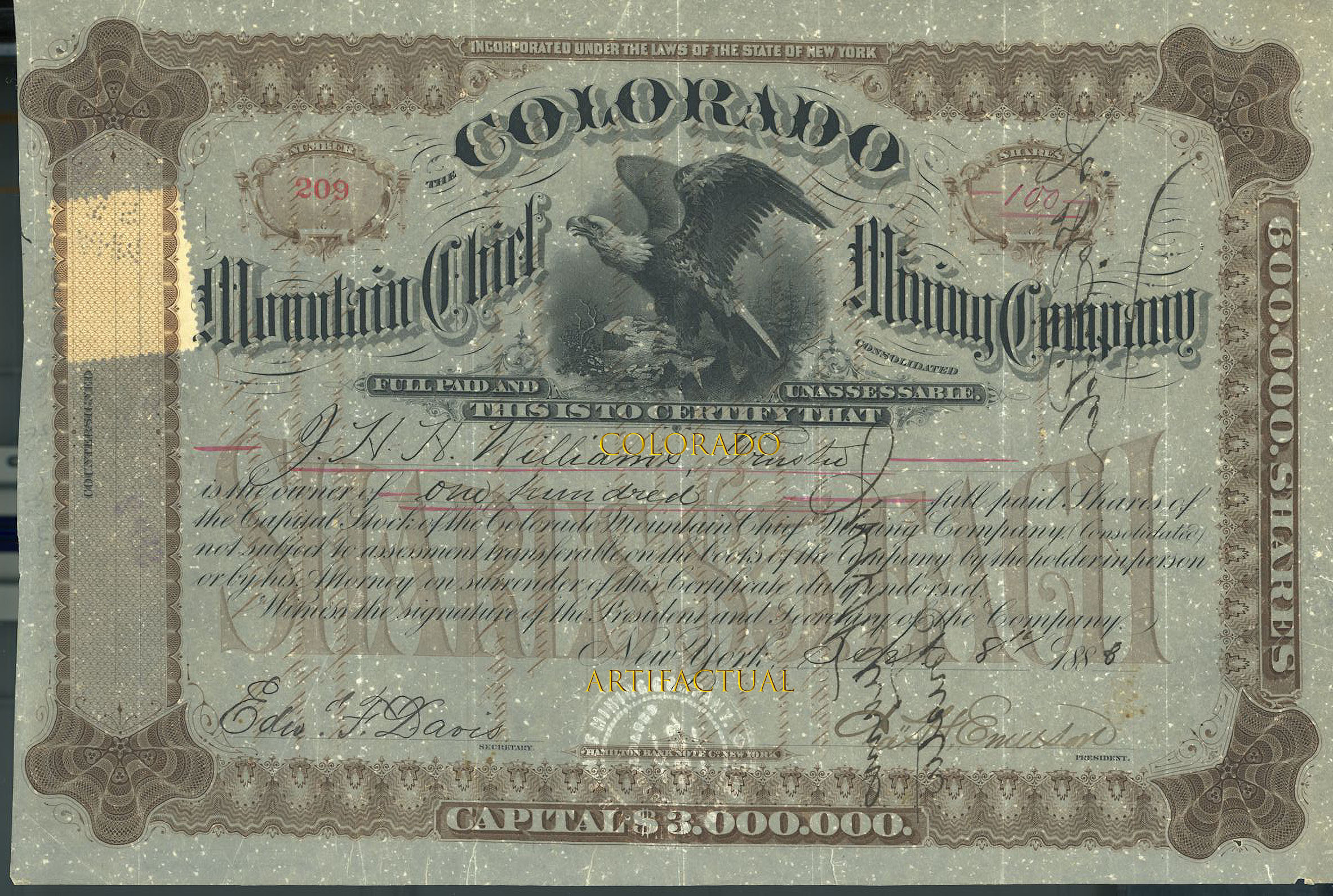 COLORADO MOUNTAIN CHIEF MINING COMPANY stock certificate Monarch District 1883