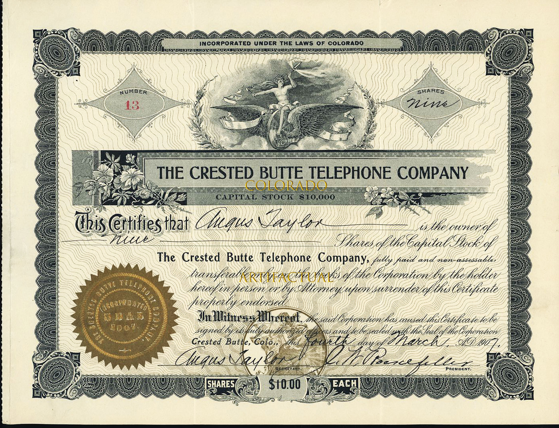 CRESTED BUTTE TELEPHONE COMPANY Colorado stock certificate 1907