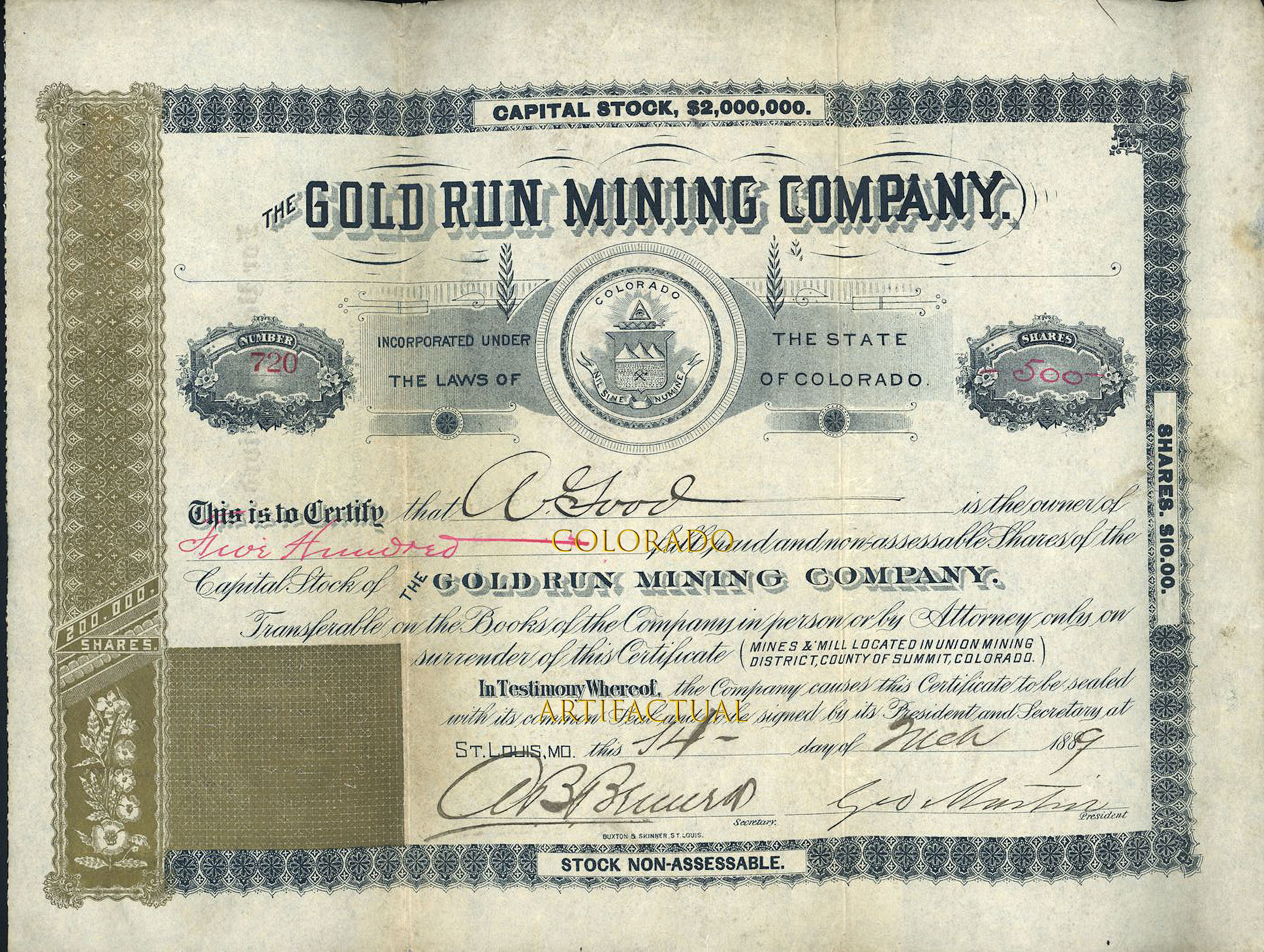 GOLD RUN MINING COMPANY Summit County Colorado stock certificate 1889