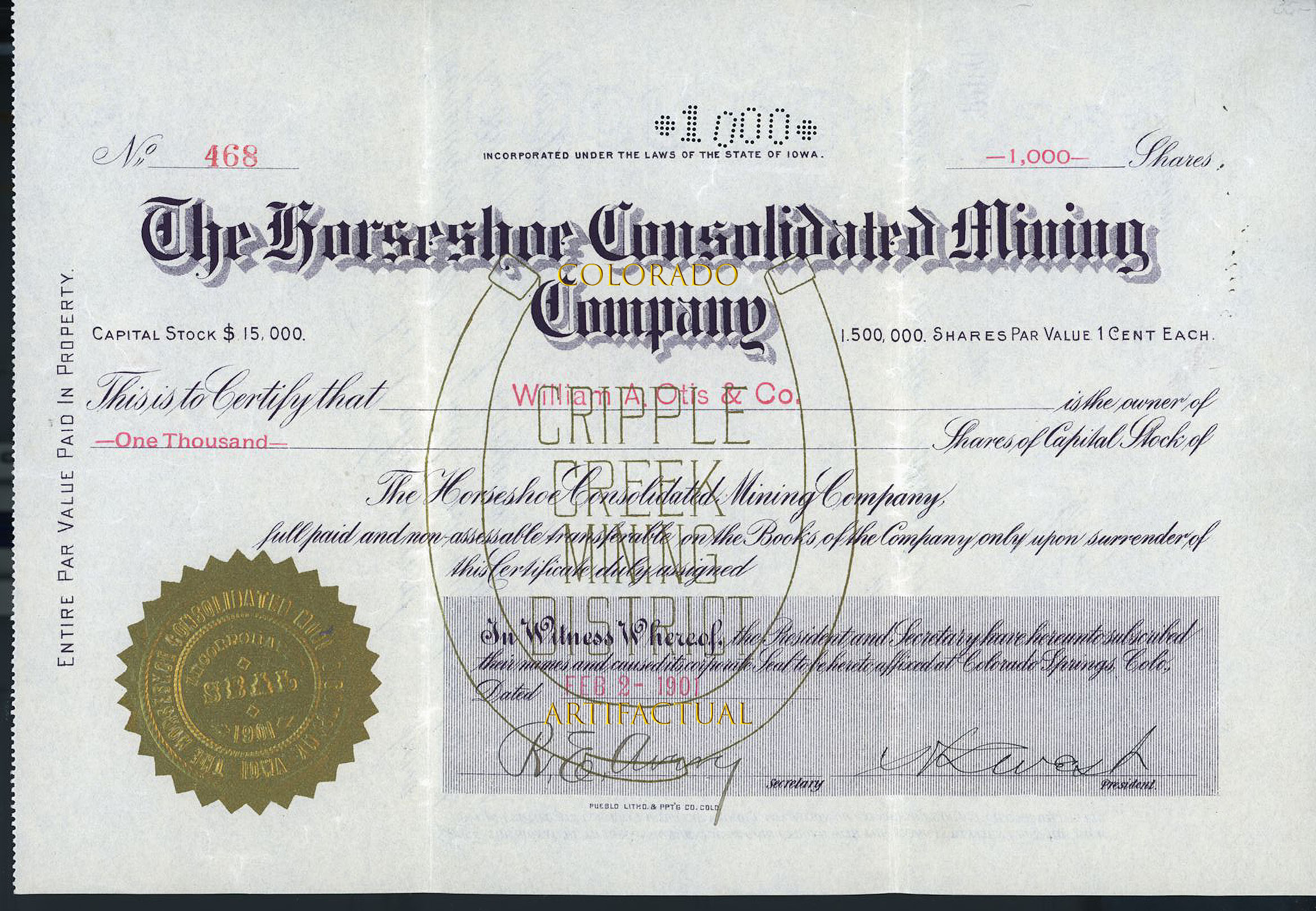Cripple Creek Colorado mining stock certificate Horseshoe Consolidated Mining Company 1901