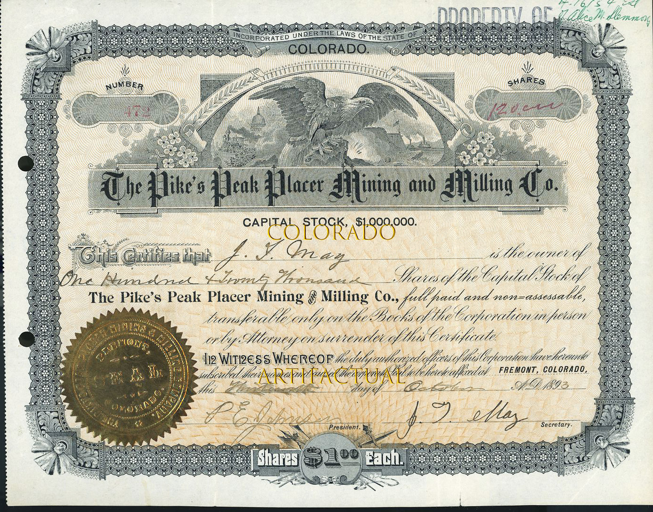 PIKE’S PEAK PLACER MINING & MILLING COMPANY Cripple Creek Colorado stock certificate 1893