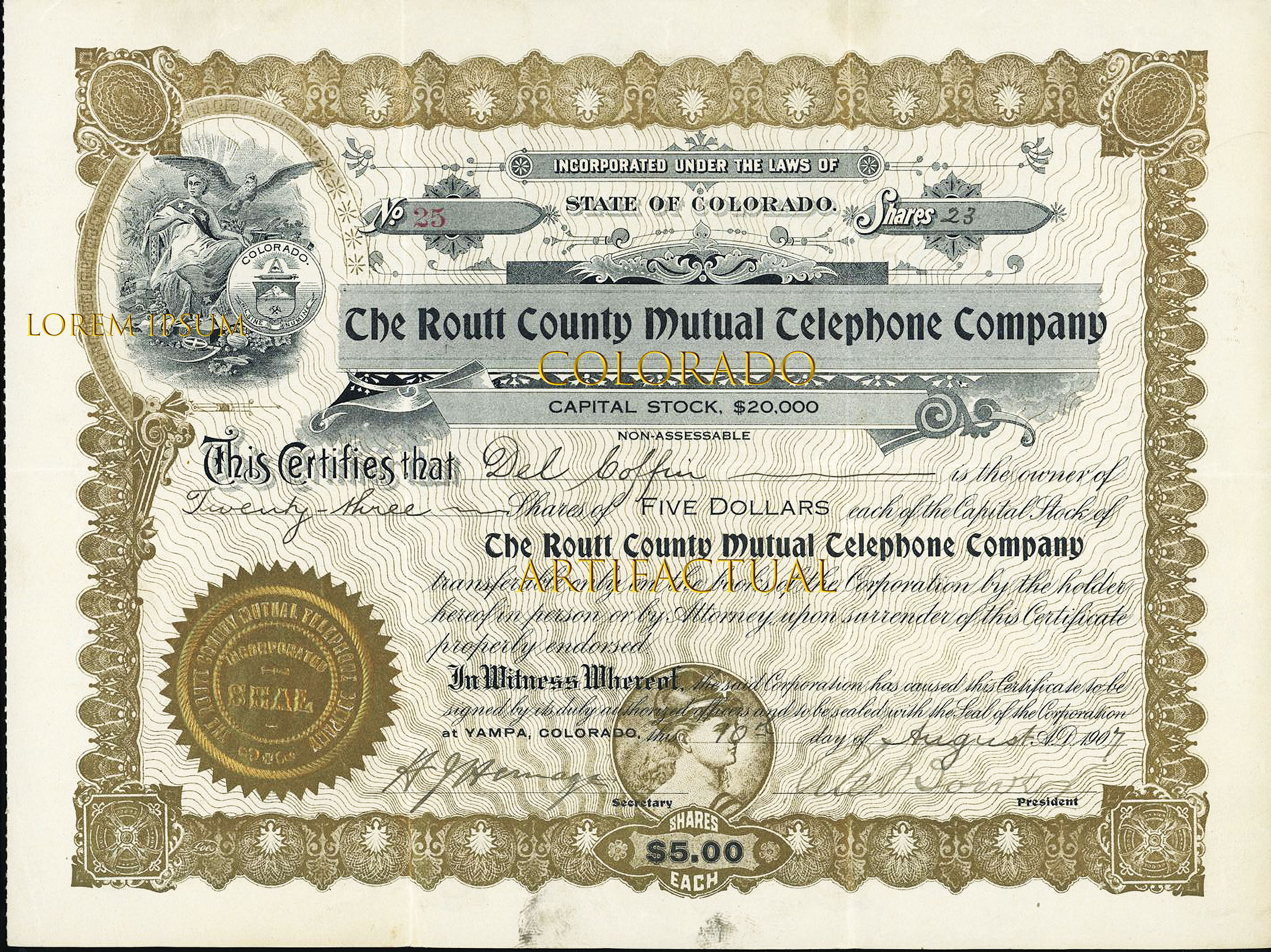ROUTT COUNTY MUTUAL TELEPHONE COMPANY old Colorado stock certificate issued 1907