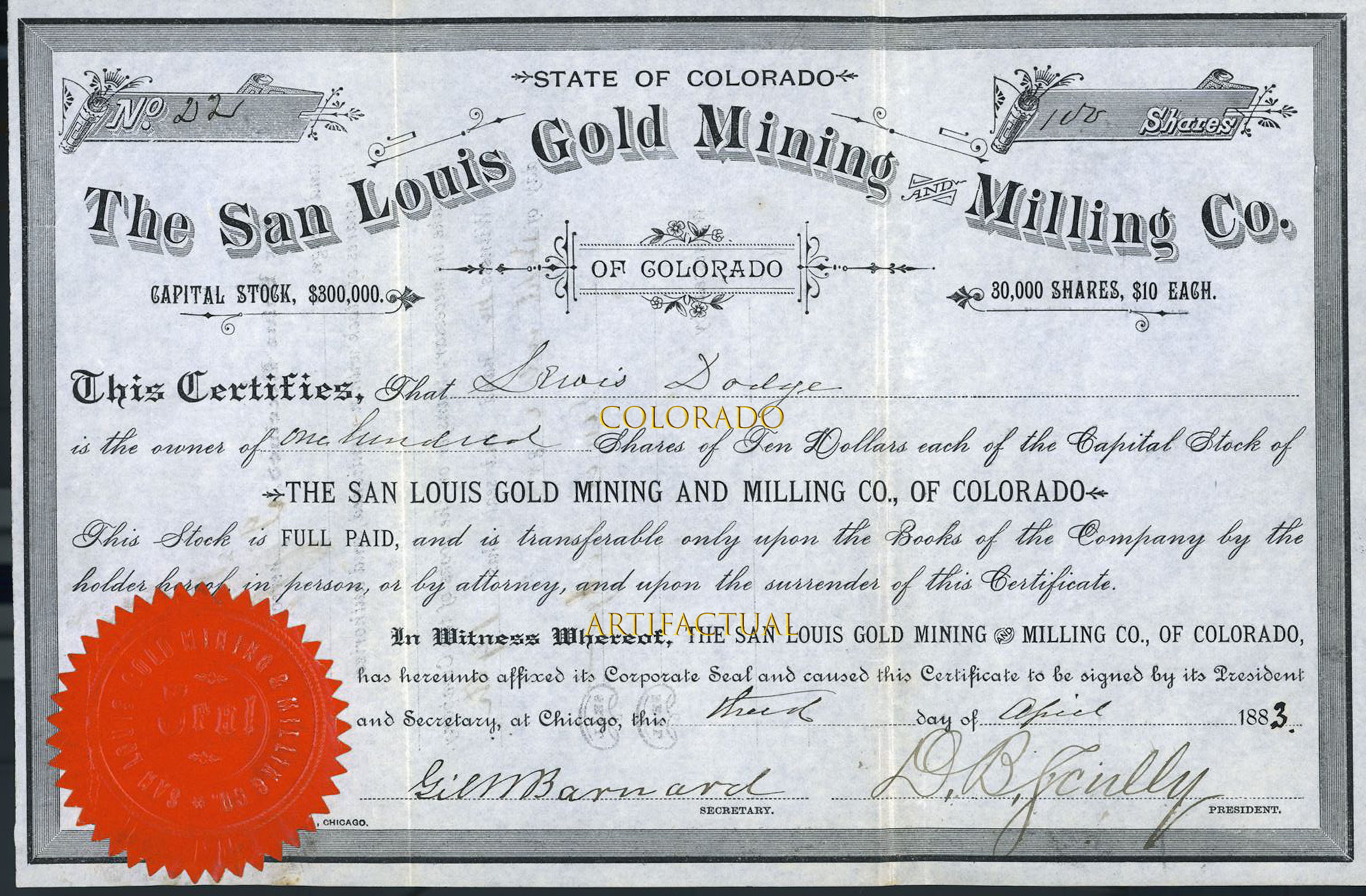 SAN LOUIS GOLD MINING & MILLING COMPANY Colorado stock certificate Saguache County 1883