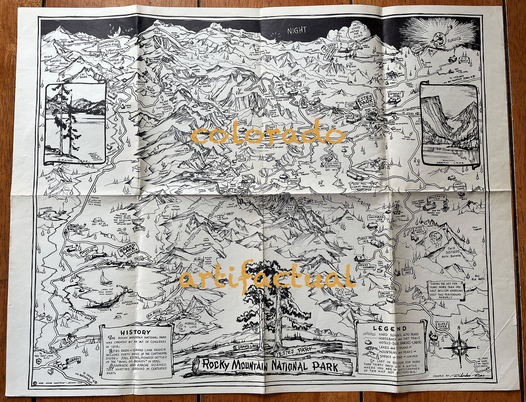 ROCKY MOUNTAIN NATIONAL PARK Estes Park COLORADO RICHARDSON ROME original folding map 1938