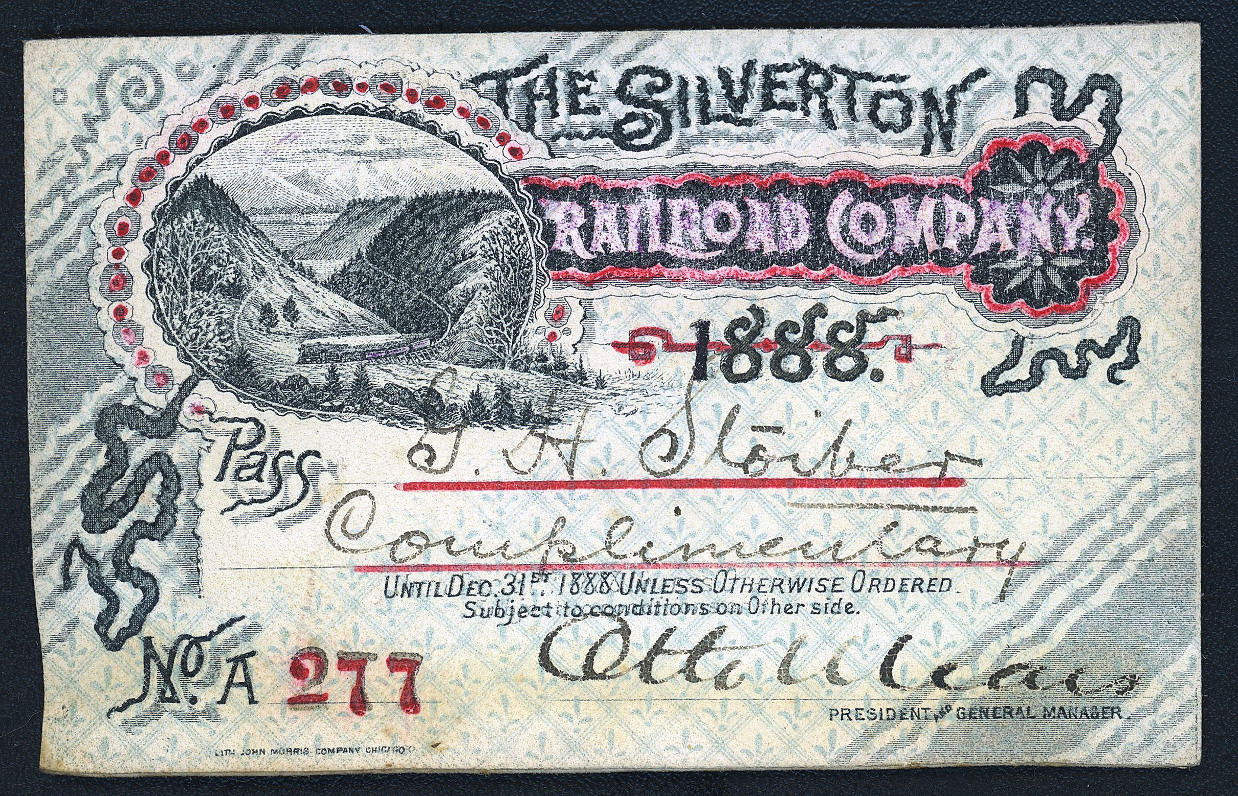 SILVERTON RAILROAD COMPANY original Buckskin annual railroad pass Gustav H Stoiber 1888