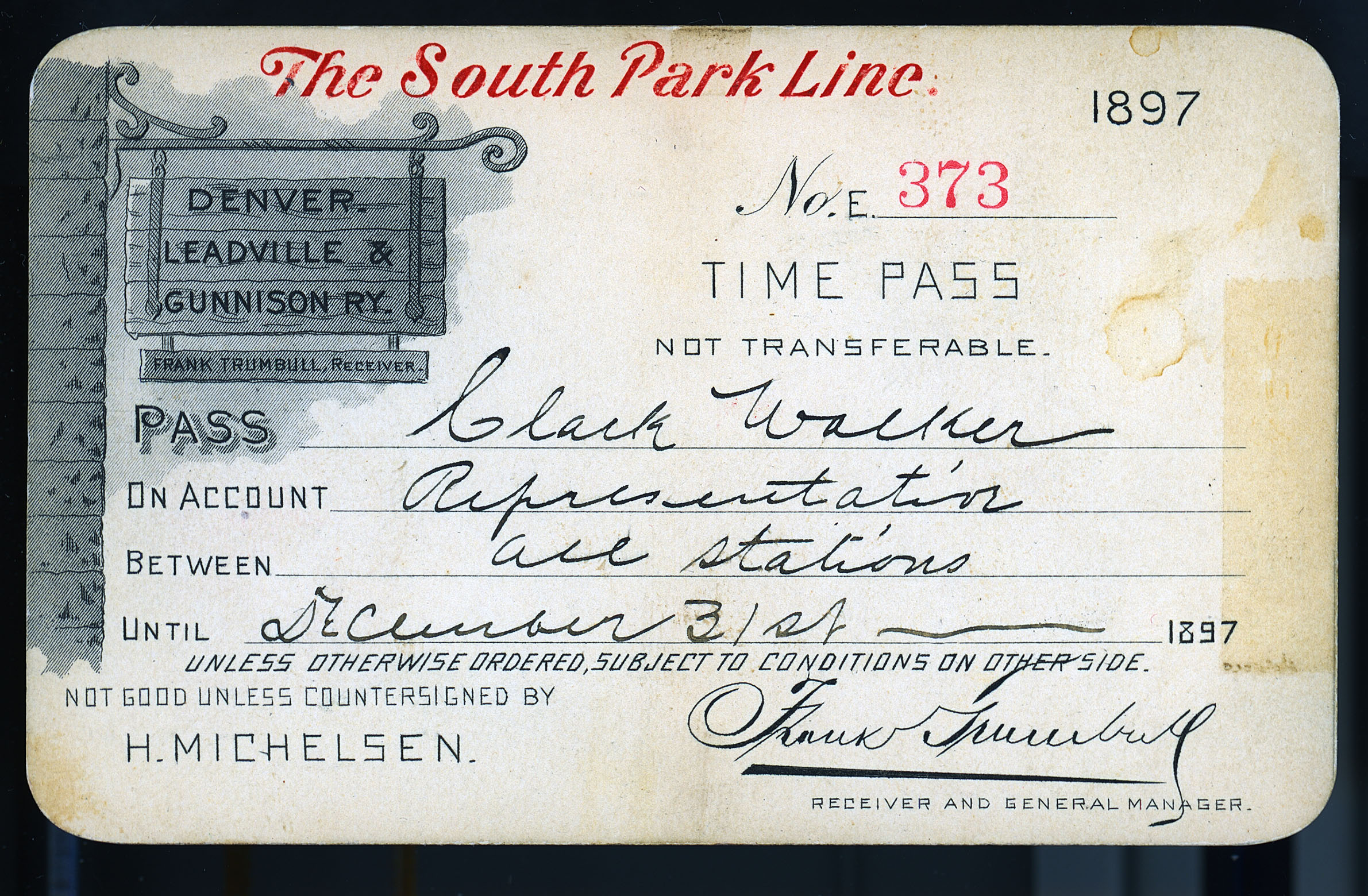 DENVER LEADVILLE & GUNNISON RAILWAY South Park Line railroad pass photograph & book 1897