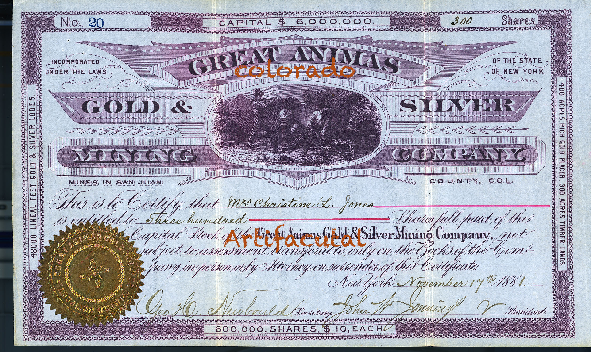 GREAT ANIMAS GOLD & SILVER MINING COMPANY Animas Forks Eureka District San Juan County Colorado stock certificate 1881