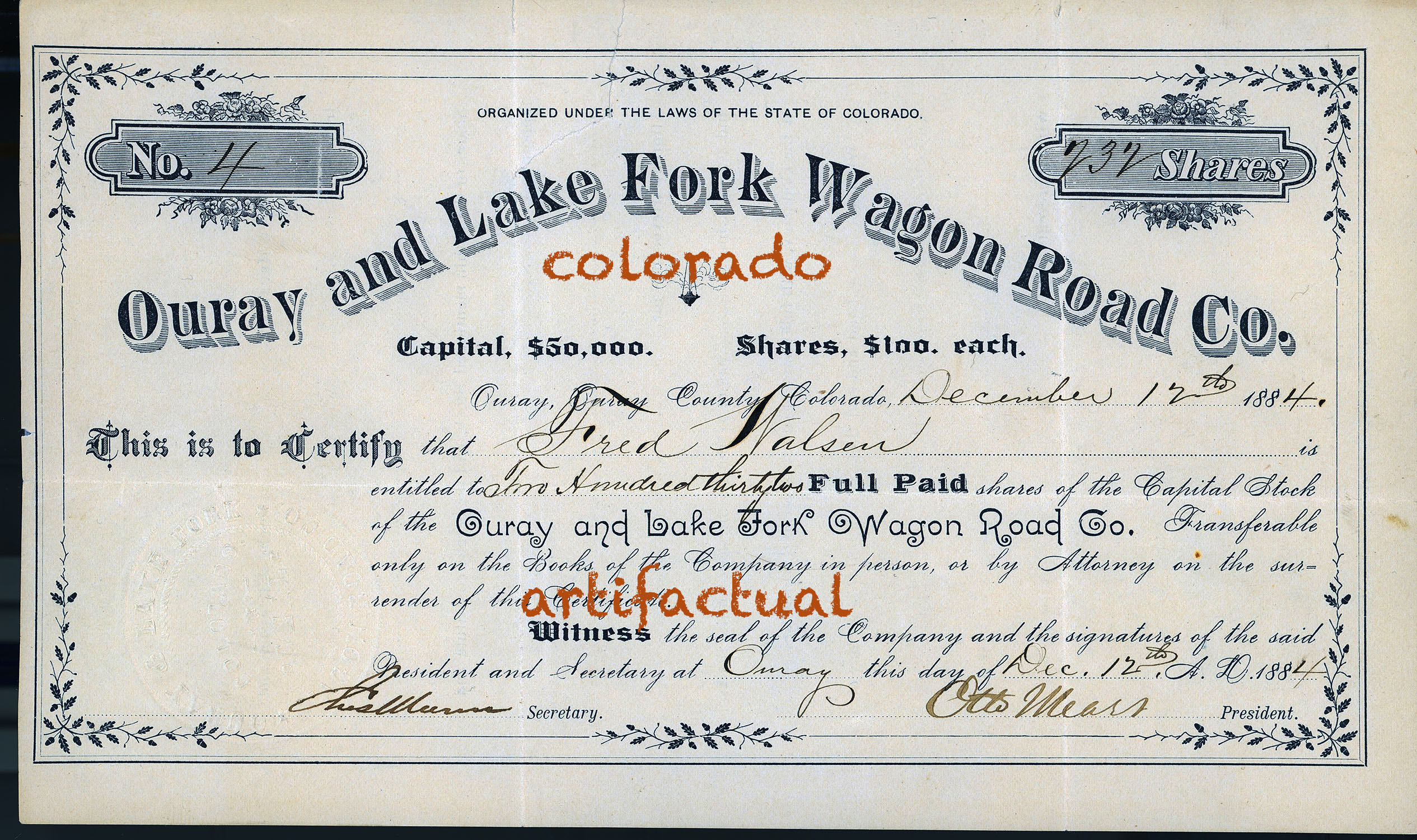 OURAY & LAKE FORK WAGON ROAD COMPANY COLORADO stock certificate OTTO MEARS TOLL ROAD 1884