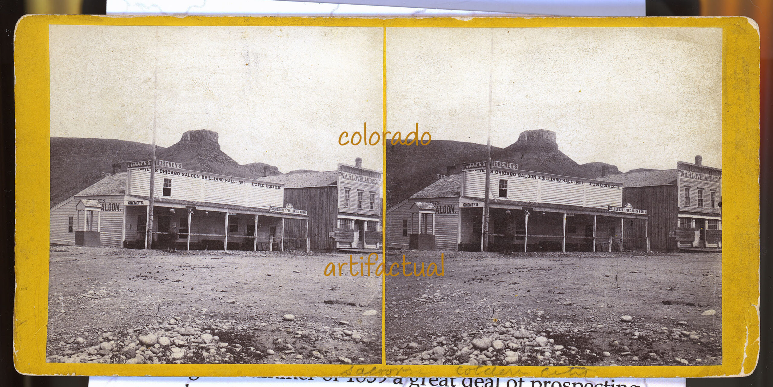 GOLDEN COLORADO TERRITORY CHENEY’S SALOON & HOTEL Gold Regions Series Anthony Bros stereo view photograph 1861