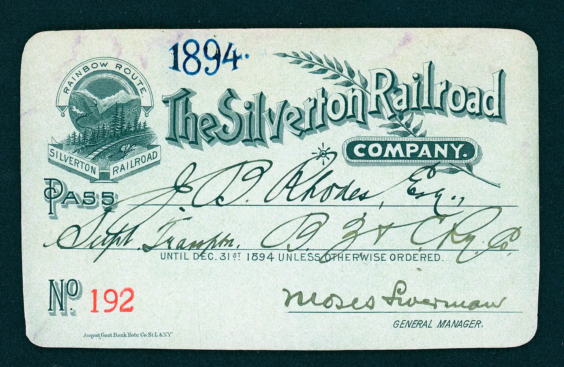 SILVERTON RAILROAD annual pass Otto Mears Colorado 1894