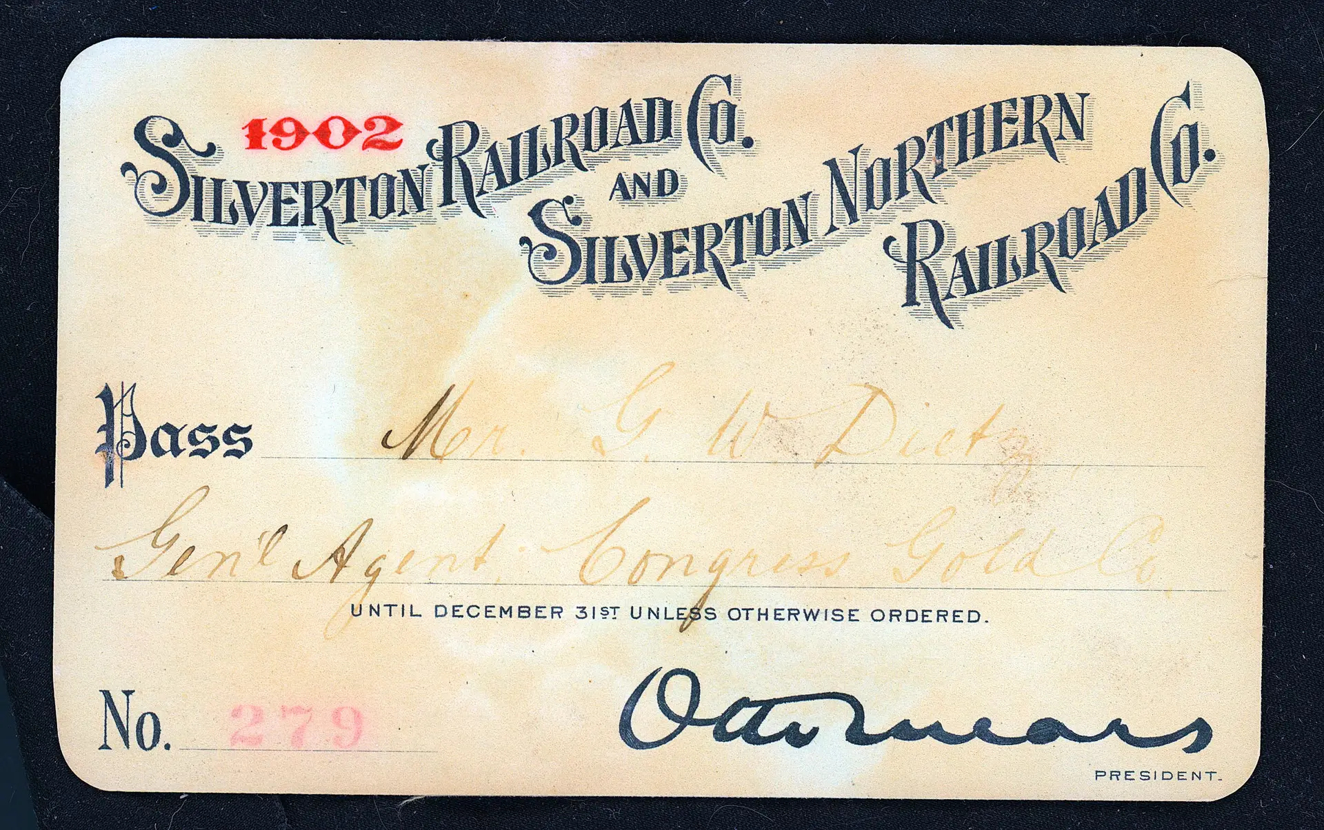 SILVERTON RAILROAD COMPANY & SILVERTON NORTHERN RAILROAD annual pass Colorado Otto Mears 1902