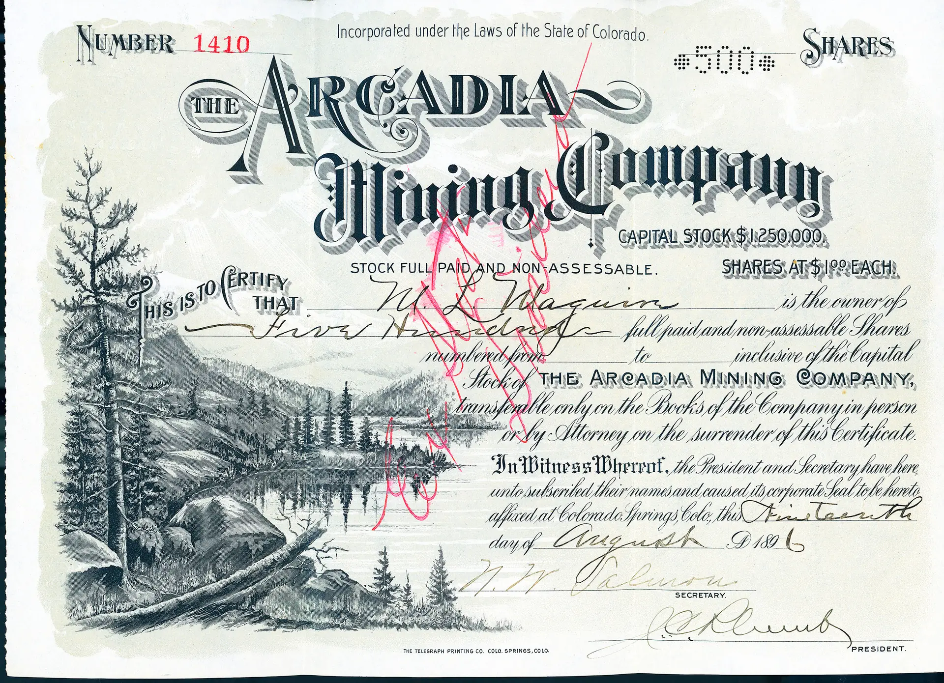 CRIPPLE CREEK GOLD MINING DISTRICT STOCK CERTIFICATE 1896 ARCADIA MINING COMPANY Sam Strong